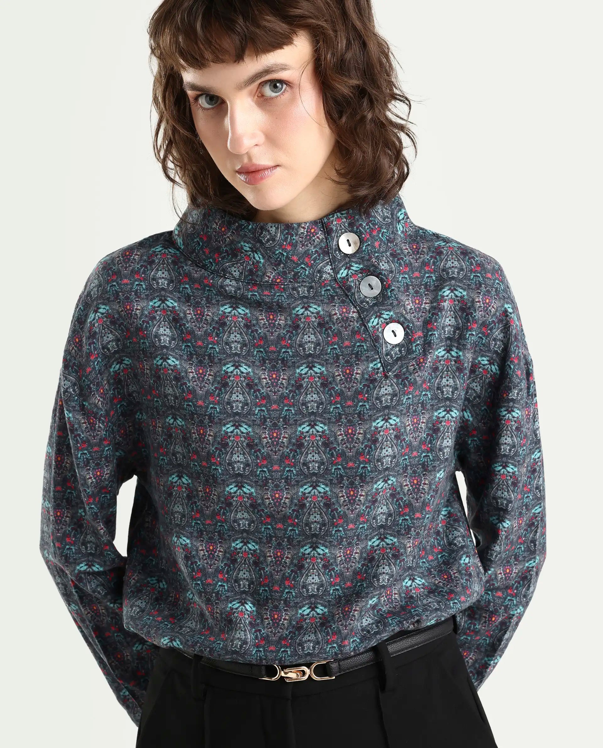 Rareism Women's Summary Grey Linen High Neck Geometric Print Tailored Top