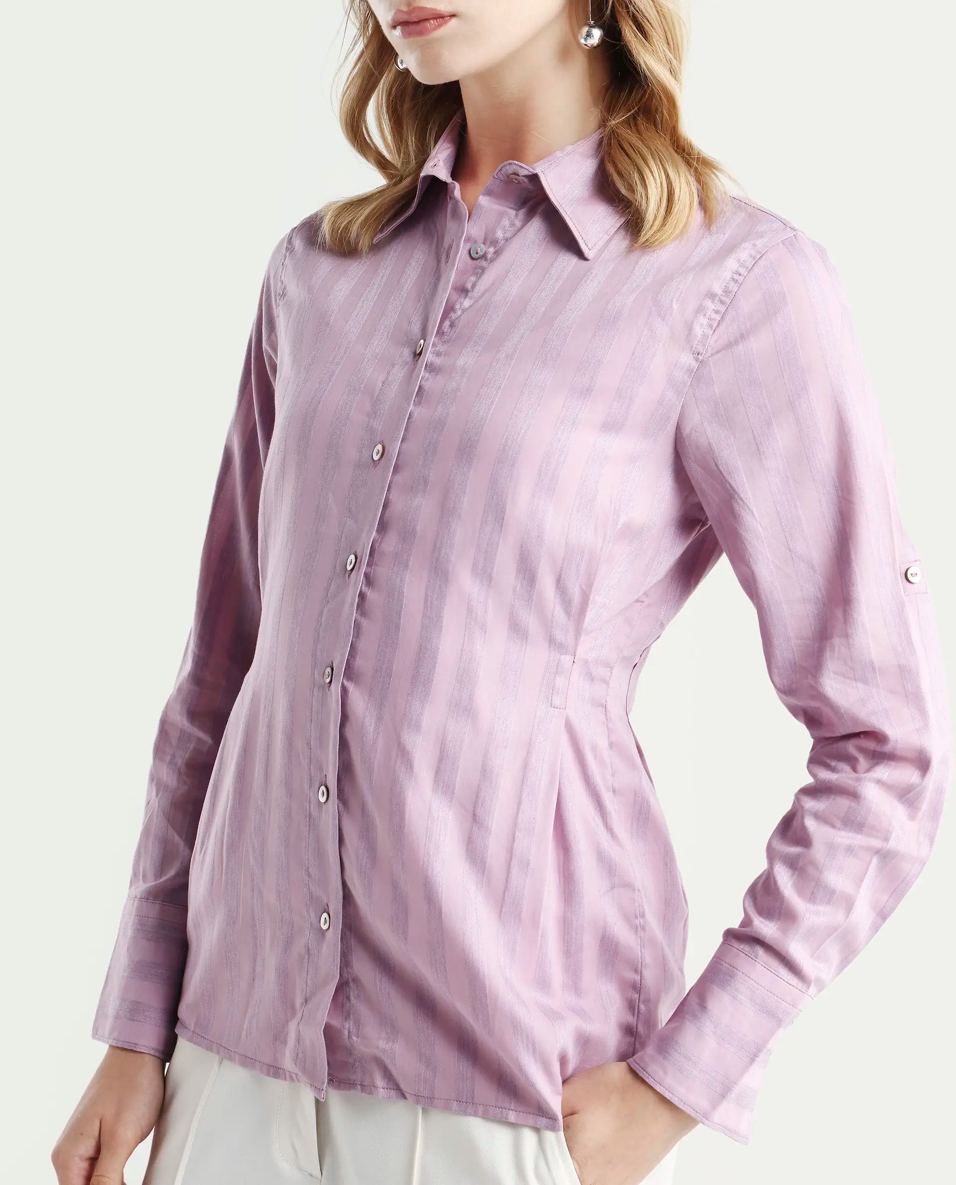 Rareism Women's Pickle Pink Cotton Spread Collar Striped Regular Fit Top