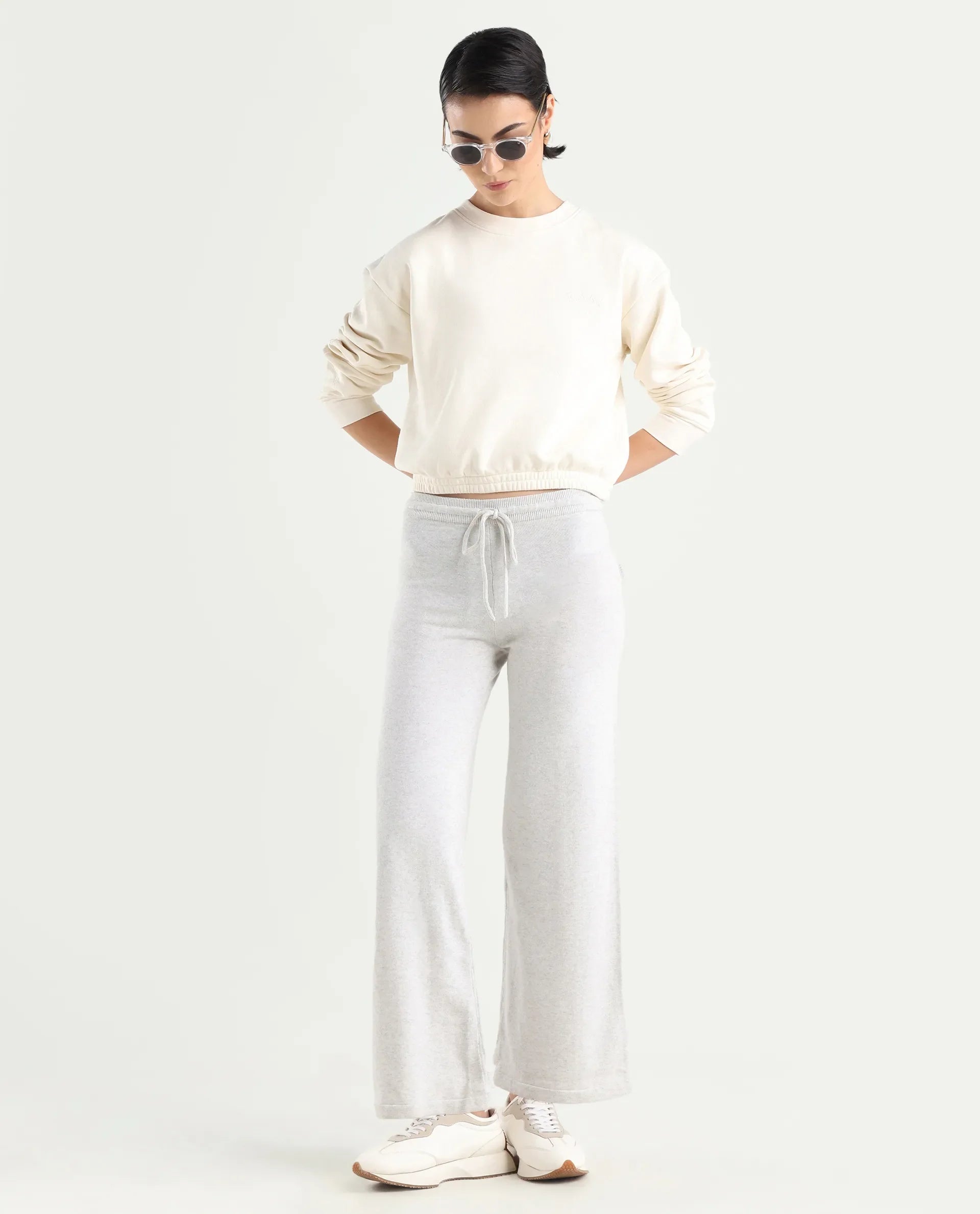 Rareism Women's Finn Track Offwhite Cotton Plain Ankle Length Flared Track Pant