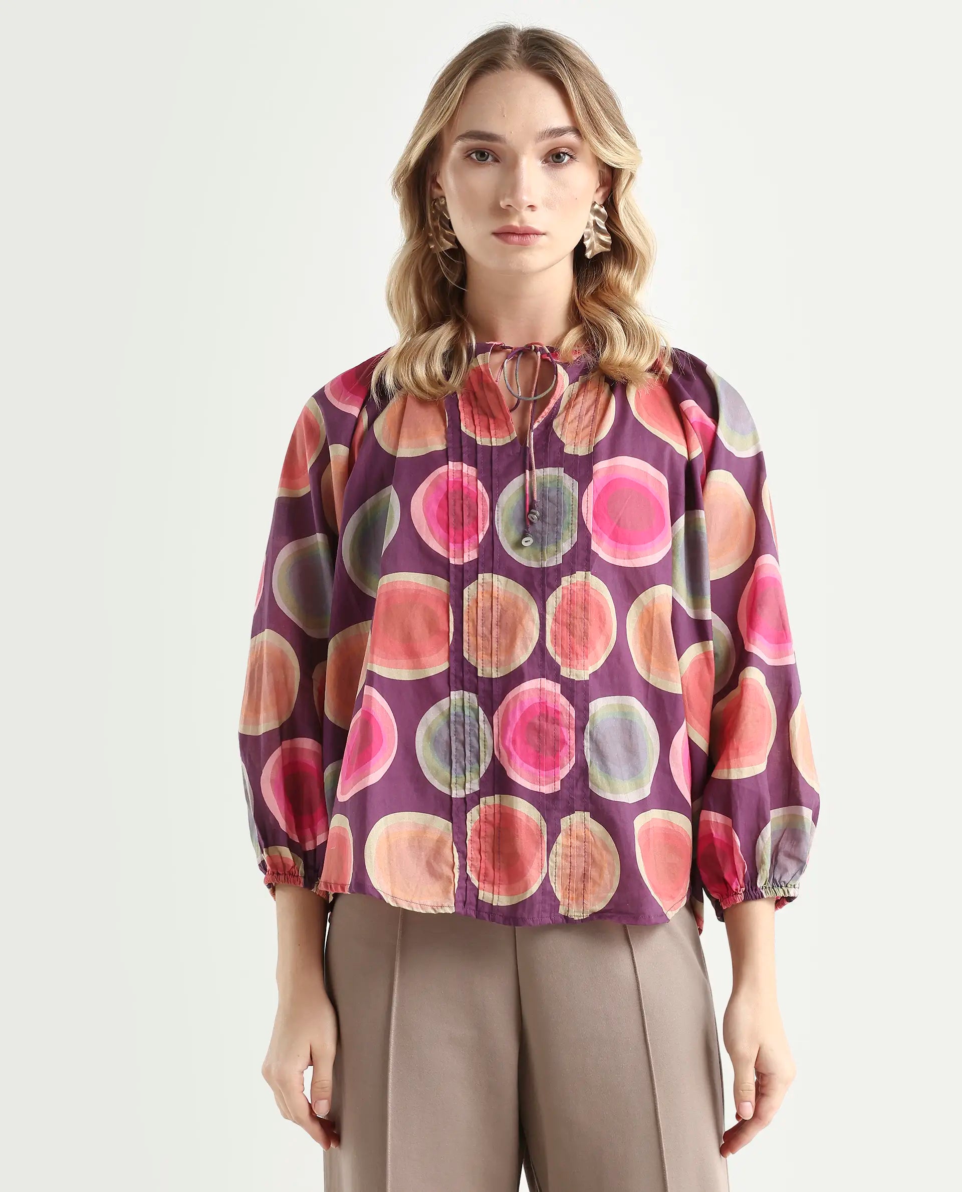 Rareism Women's Orlie Purple Cotton Key Hole Neck Geometric Print Puff Sleeves Relaxed Fit Top