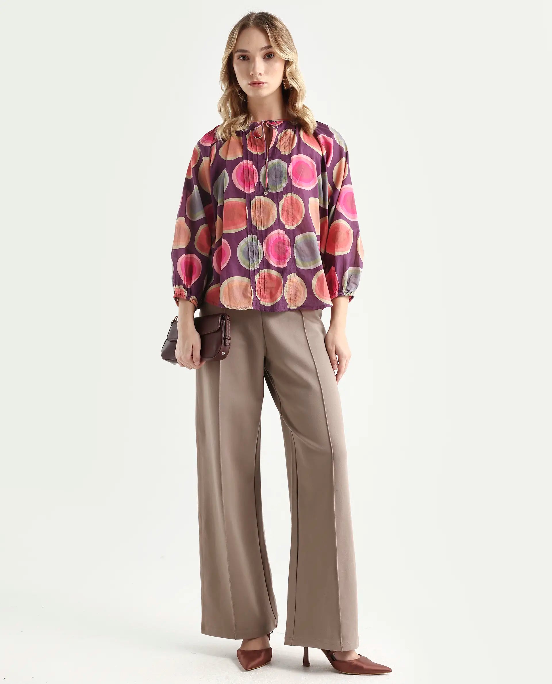 Rareism Women's Orlie Purple Cotton Key Hole Neck Geometric Print Puff Sleeves Relaxed Fit Top