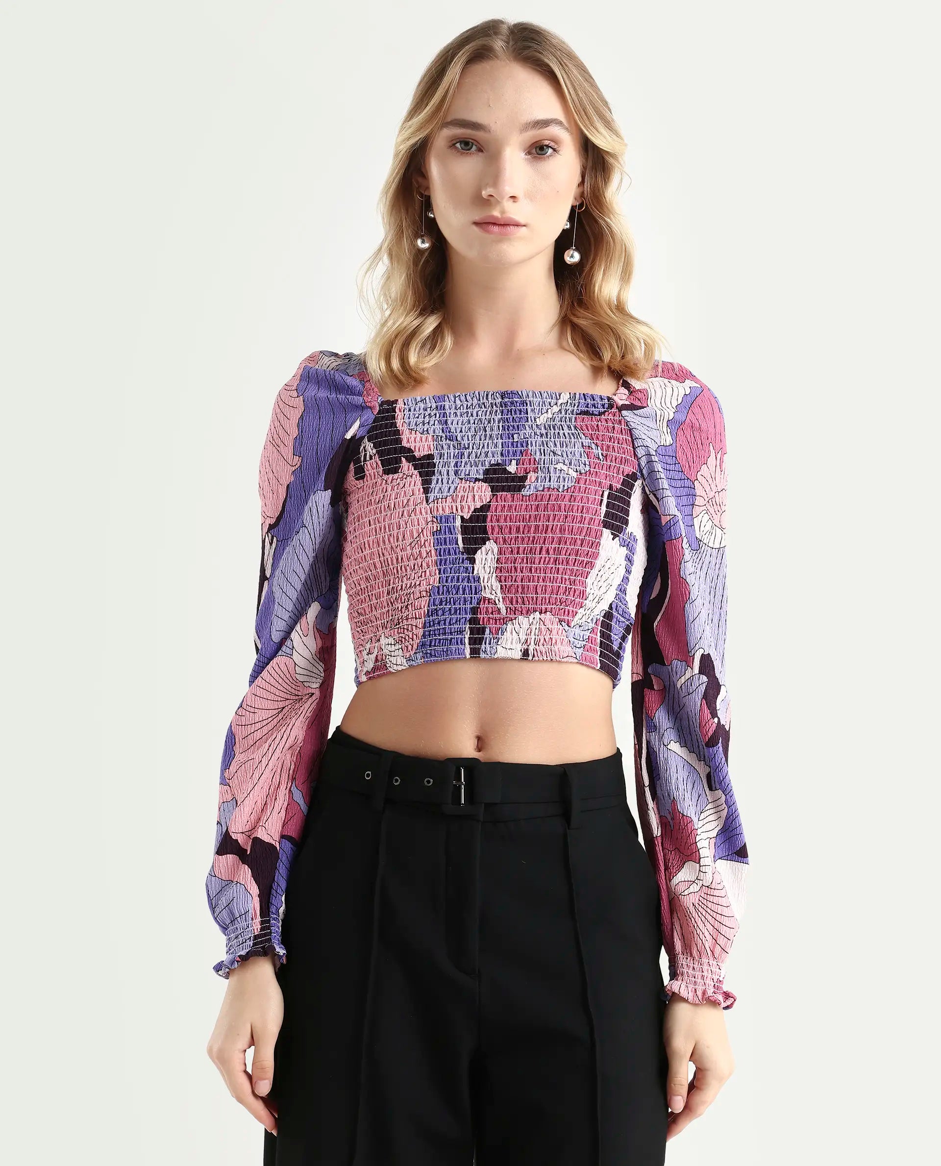 Rareism Women's Kohl Multi Square Neck Printed Knee Length Regular Fit Top