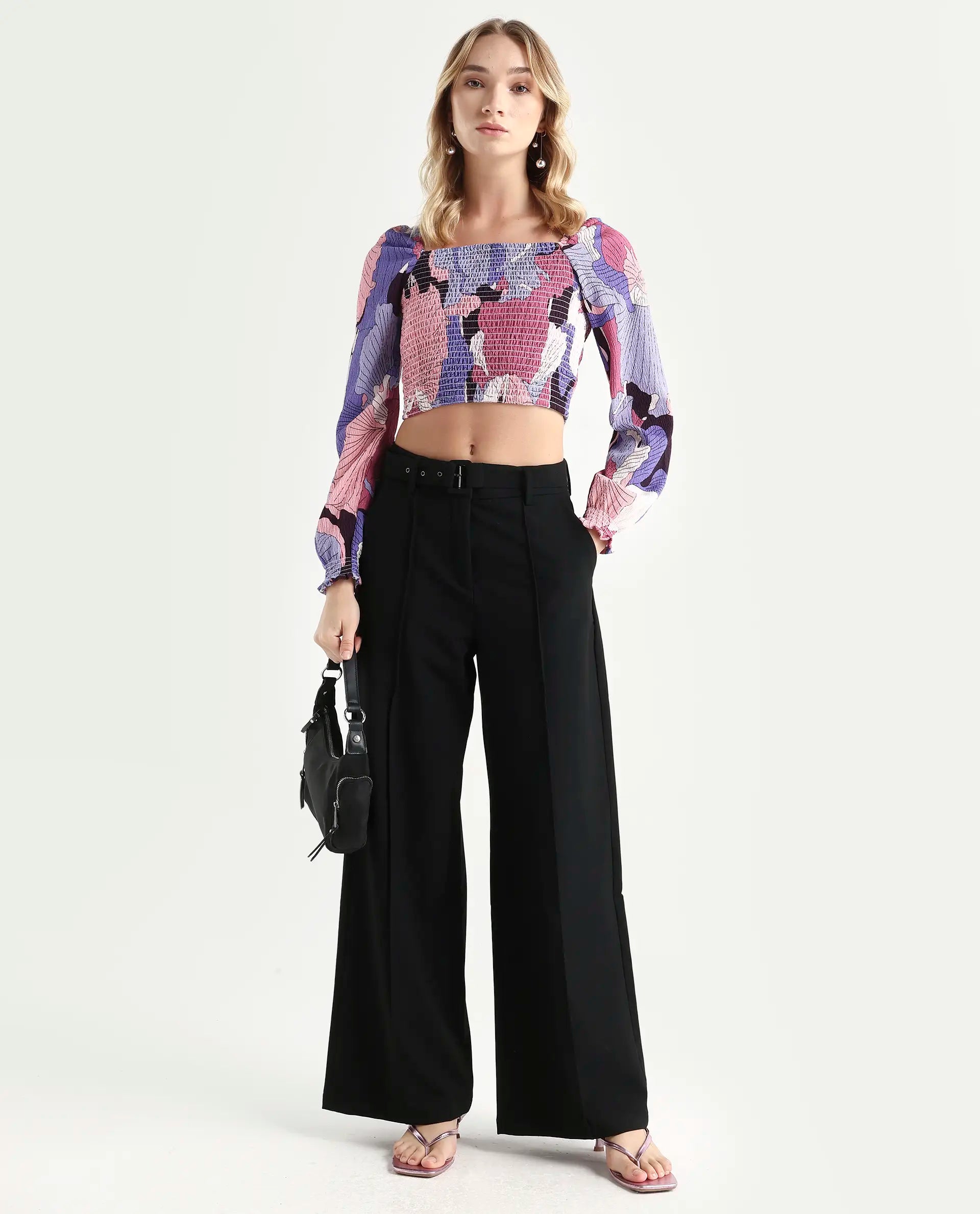 Rareism Women's Kohl Multi Square Neck Printed Knee Length Regular Fit Top