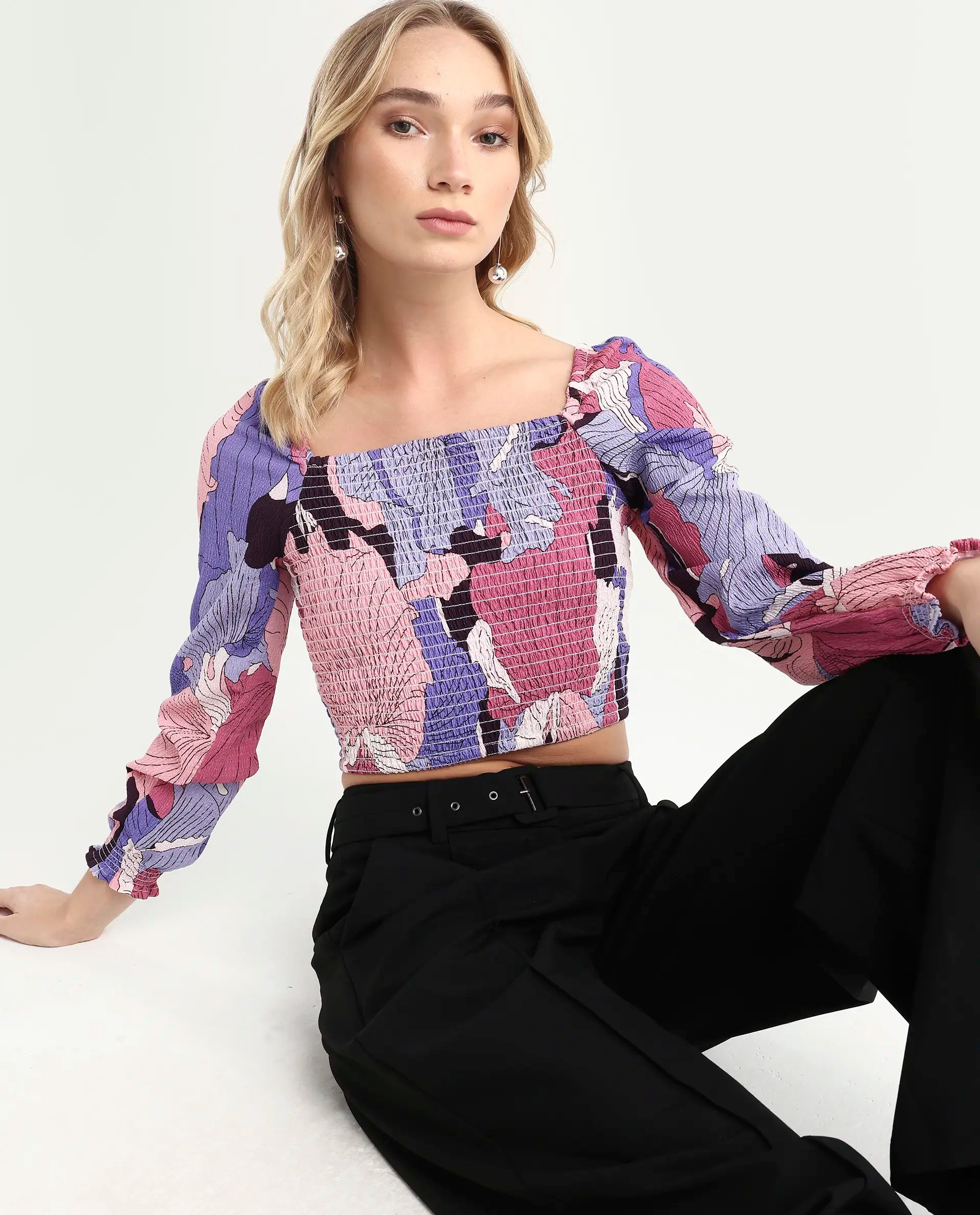 Rareism Women's Kohl Multi Square Neck Printed Knee Length Regular Fit Top