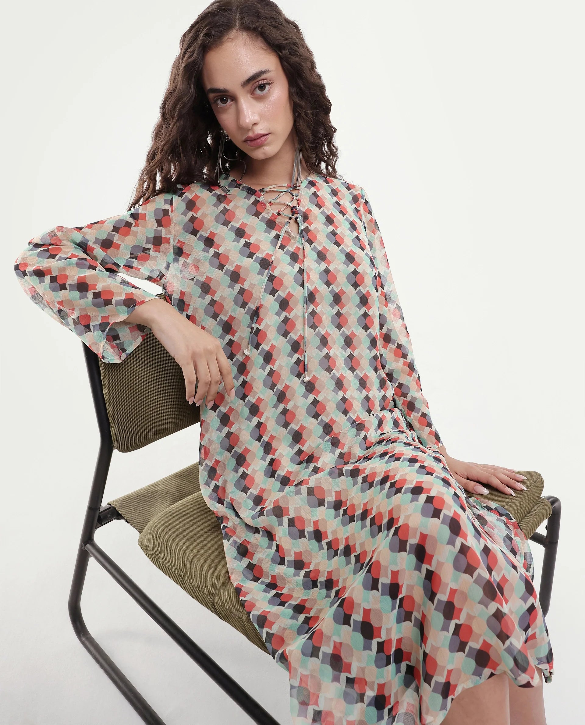 Rareism Women's Mirun Multi Tie-Up Neck Abstract Print Knee Length Regular Fit Dress