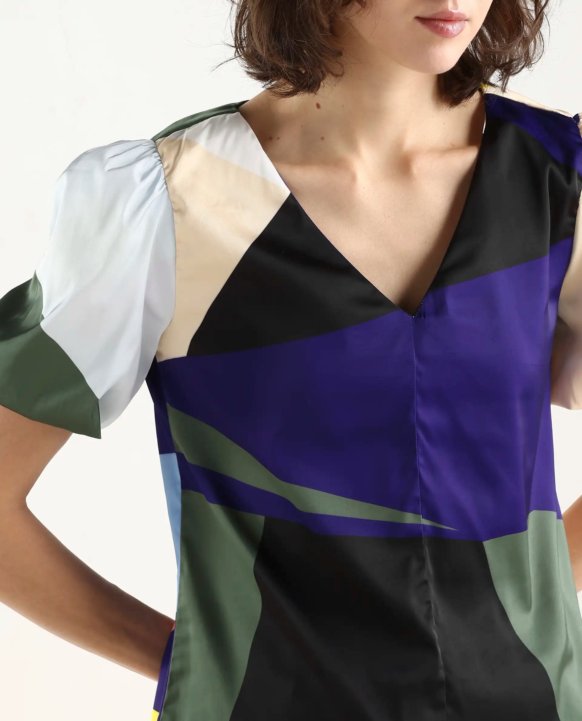 Rareism Women's Valve Multi Modal V-Neck Abstract Print Puff Sleeves Crop Relaxed Fit Top