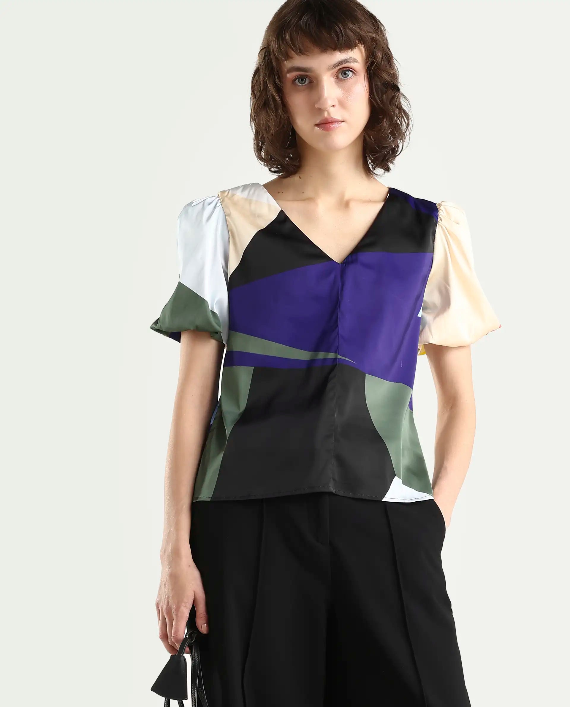 Rareism Women's Valve Multi Modal V-Neck Abstract Print Puff Sleeves Crop Relaxed Fit Top