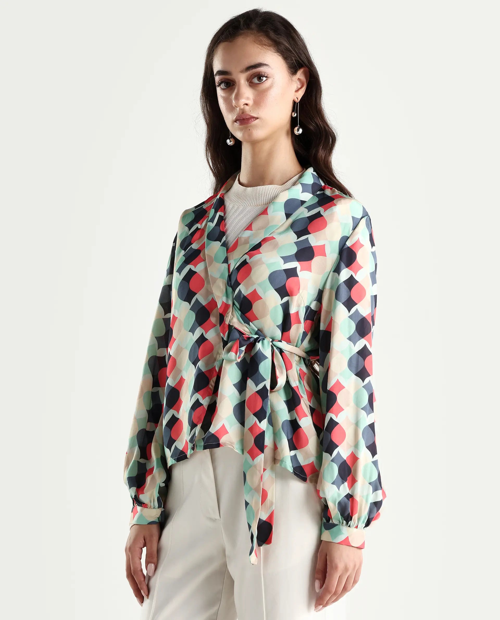 Rareism Women's Golf Multi Lapel Neck Geometric Print Knee Length Tailored Top