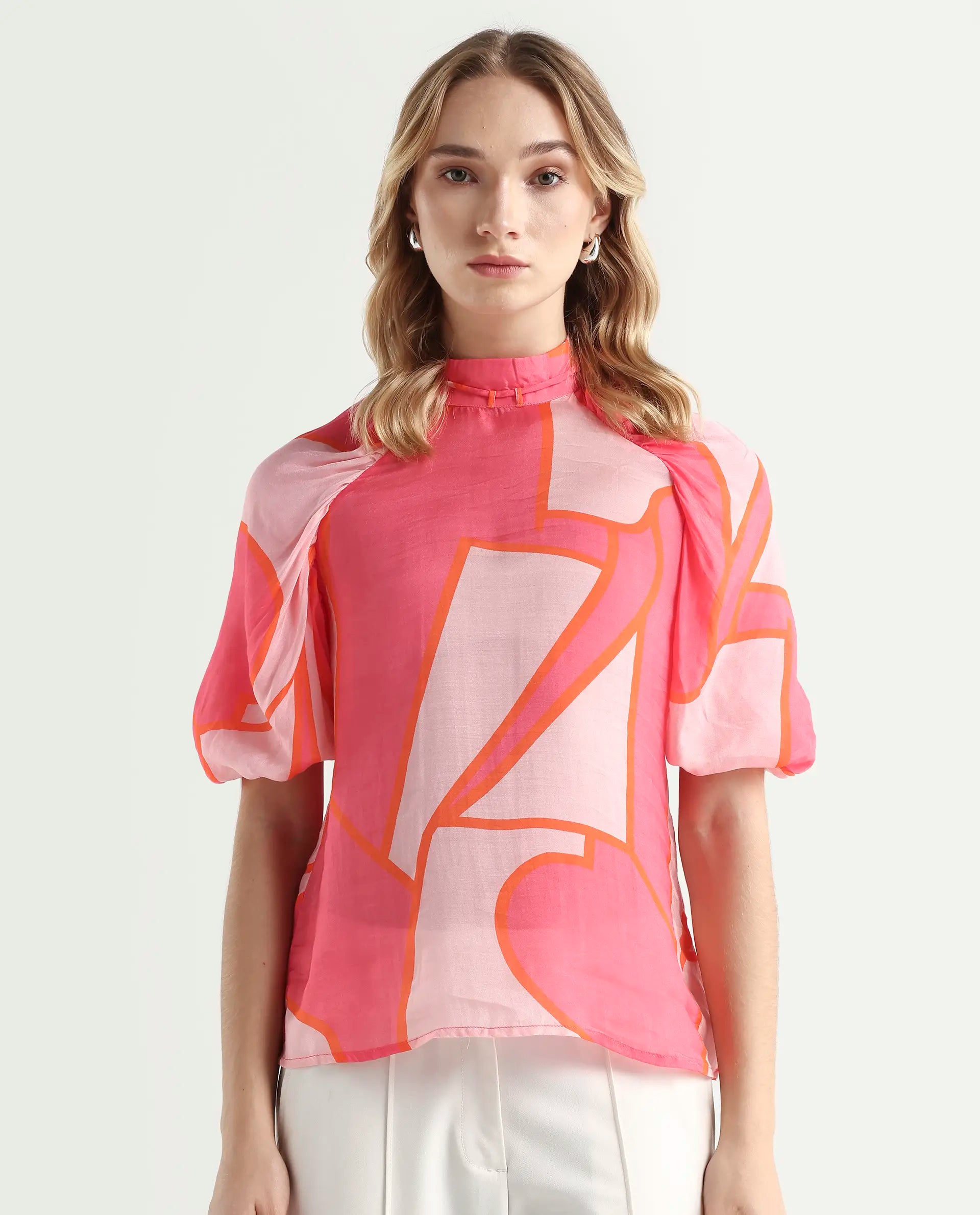 Rareism Women's Theos Pink Cotton Blend V-Neck Abstract Print Volume Sleeve Flared Top