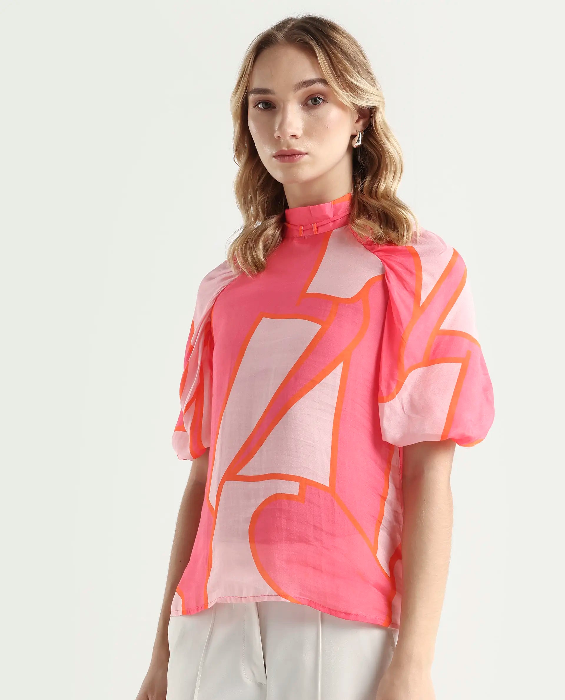 Rareism Women's Theos Pink Cotton Blend V-Neck Abstract Print Volume Sleeve Flared Top