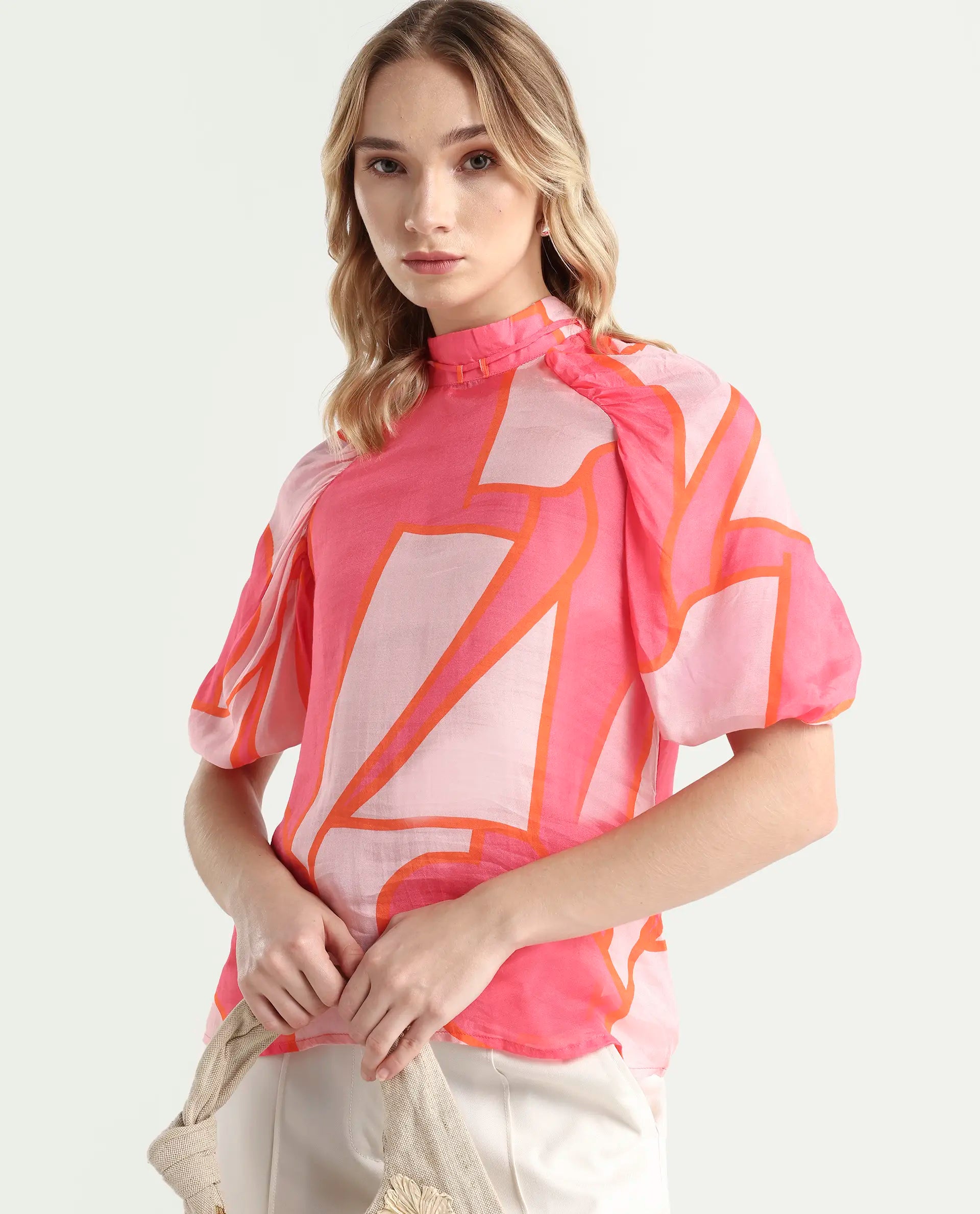 Rareism Women's Theos Pink Cotton Blend V-Neck Abstract Print Volume Sleeve Flared Top