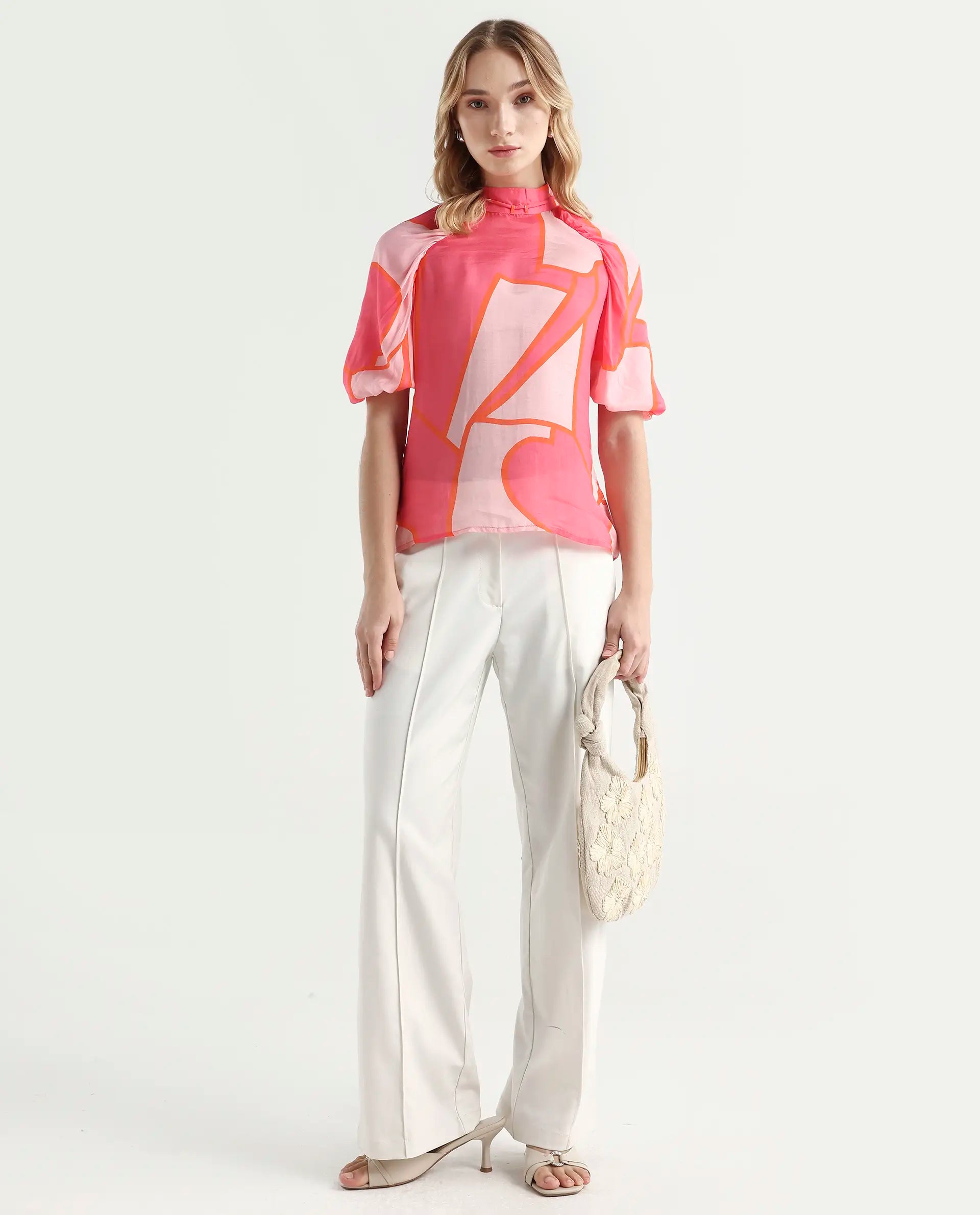 Rareism Women's Theos Pink Cotton Blend V-Neck Abstract Print Volume Sleeve Flared Top