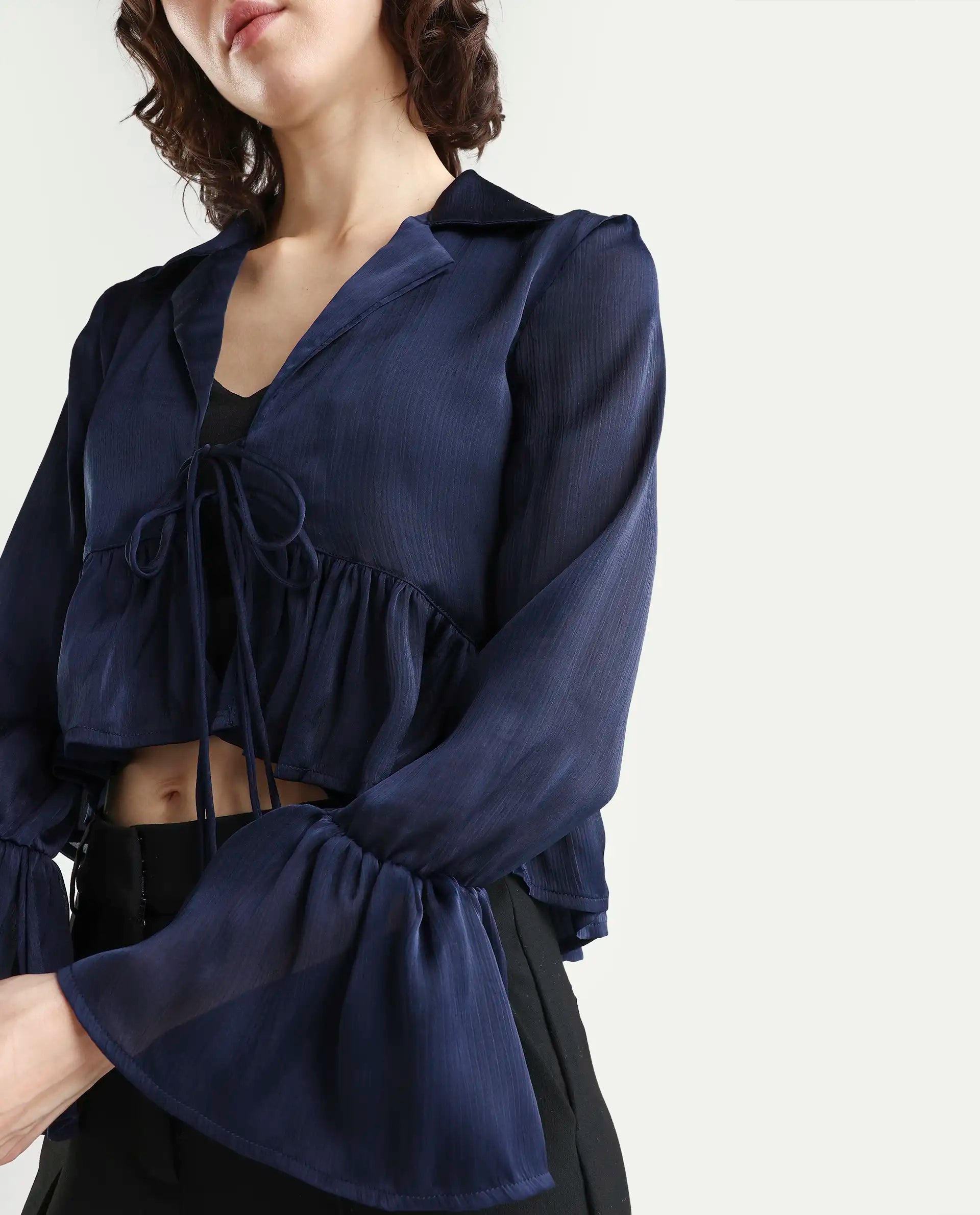 Rareism Women's Kint Navy Polyester Lapel Neck Plain Ruffled Sleeve Regular Fit Shrug