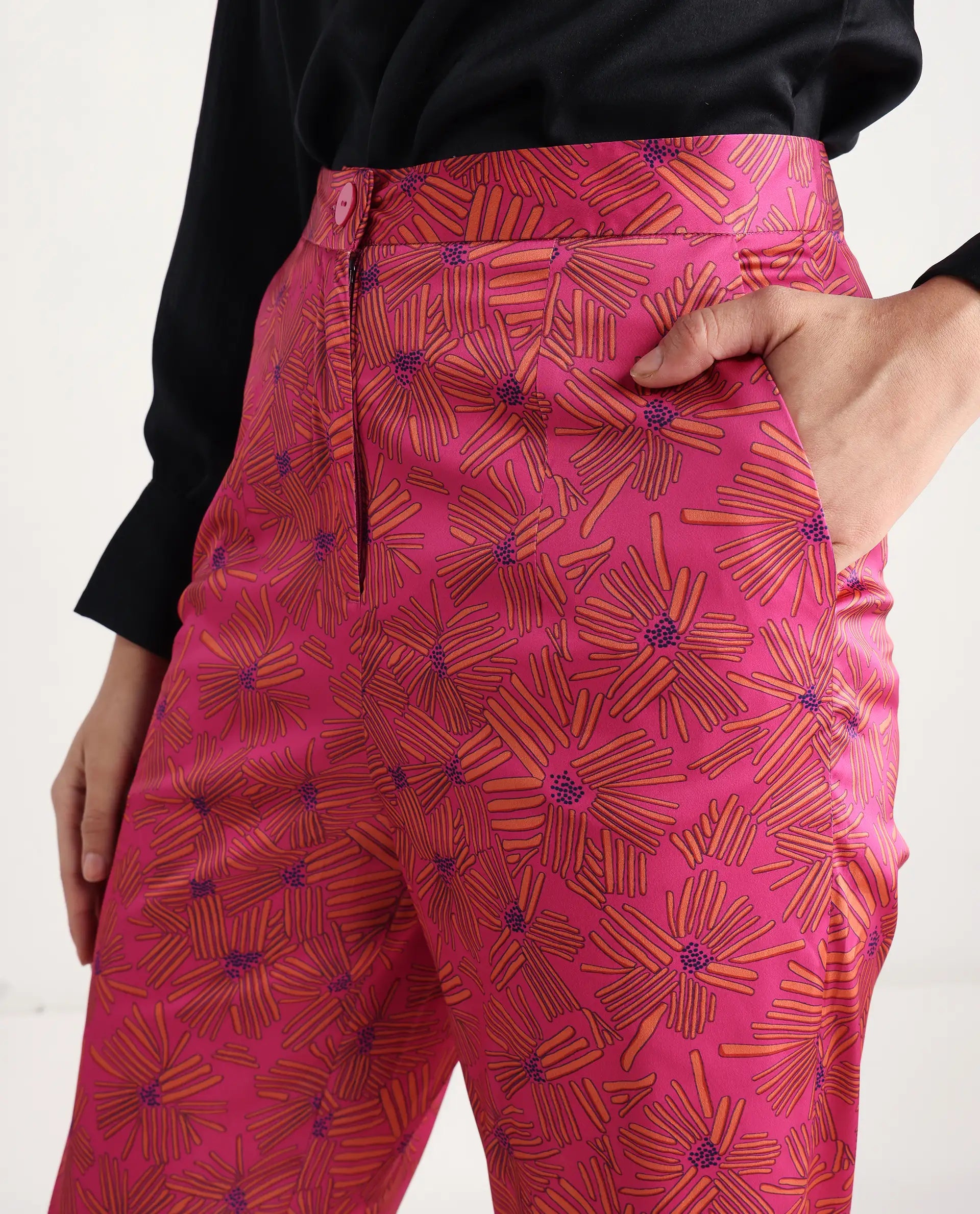 Rareism Women's Catepil Pink Modal Geometric Print Ankle Length Tailored Trouser