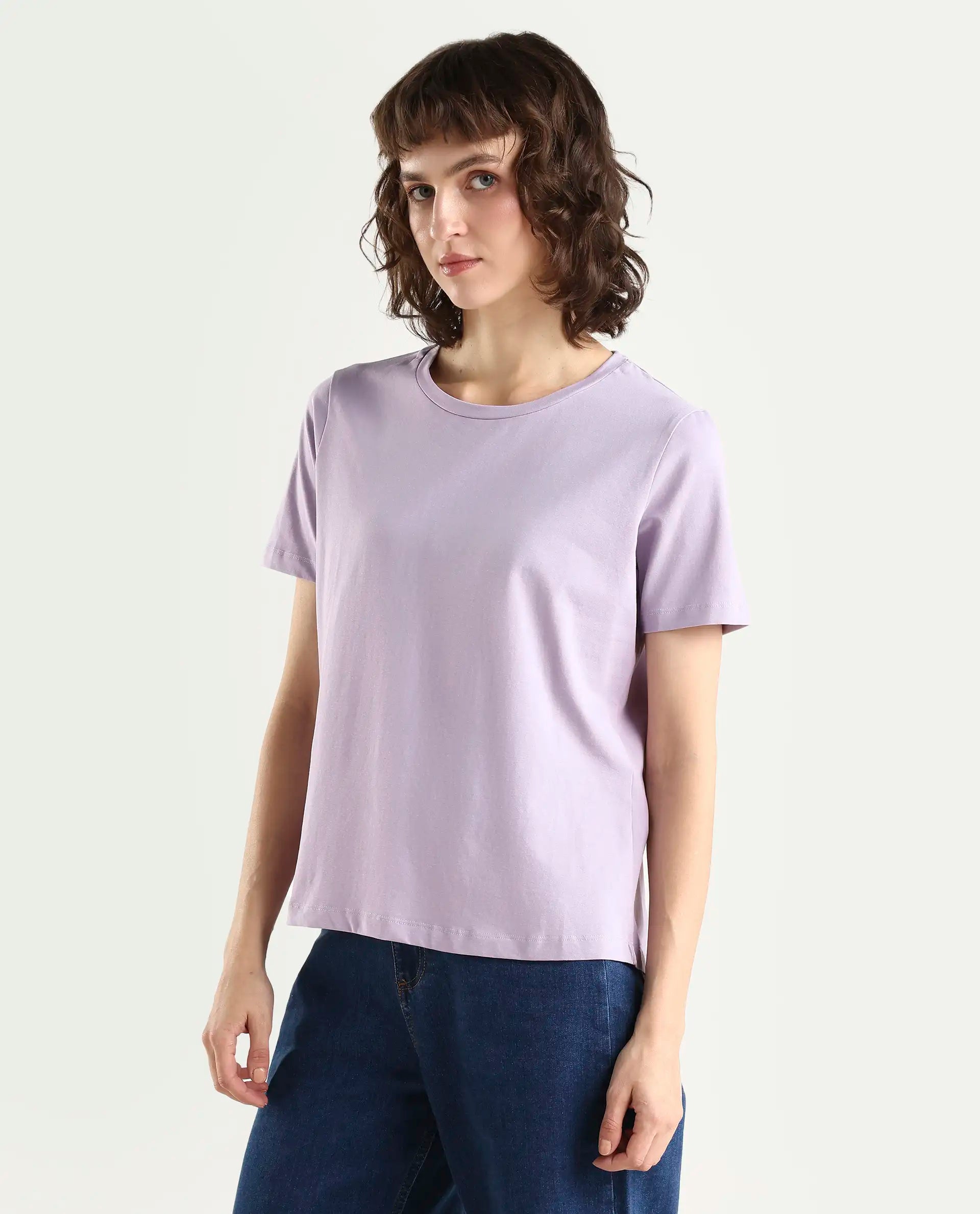 Rareism Women's Light Weight High Stretch 180 Gsm Cotton Crew Neck Plain Regular Fit T-Shirt