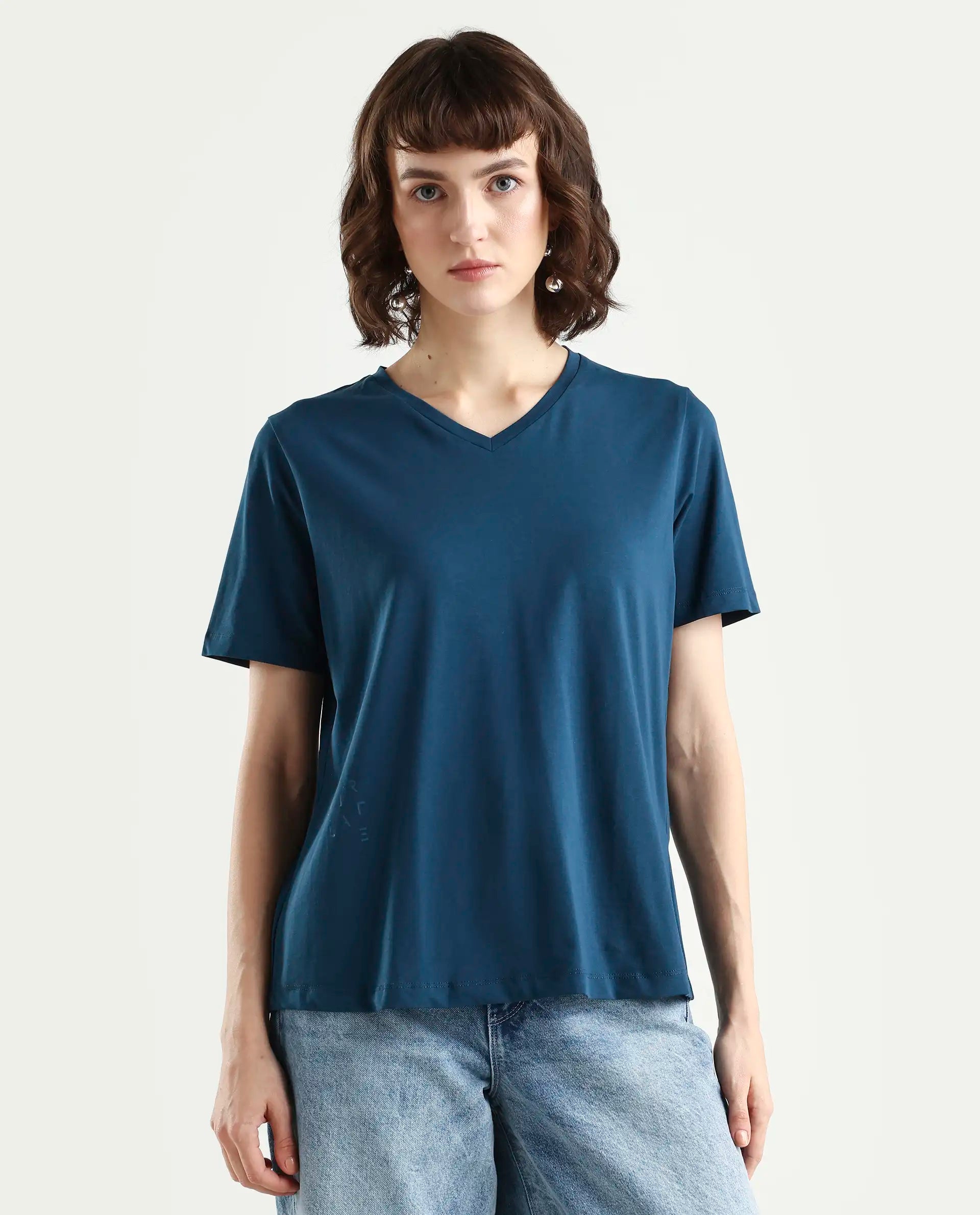 Rareism Women's Light Weight High Stretch 180 Gsm Cotton V-Neck Plain Regular Fit T-Shirt