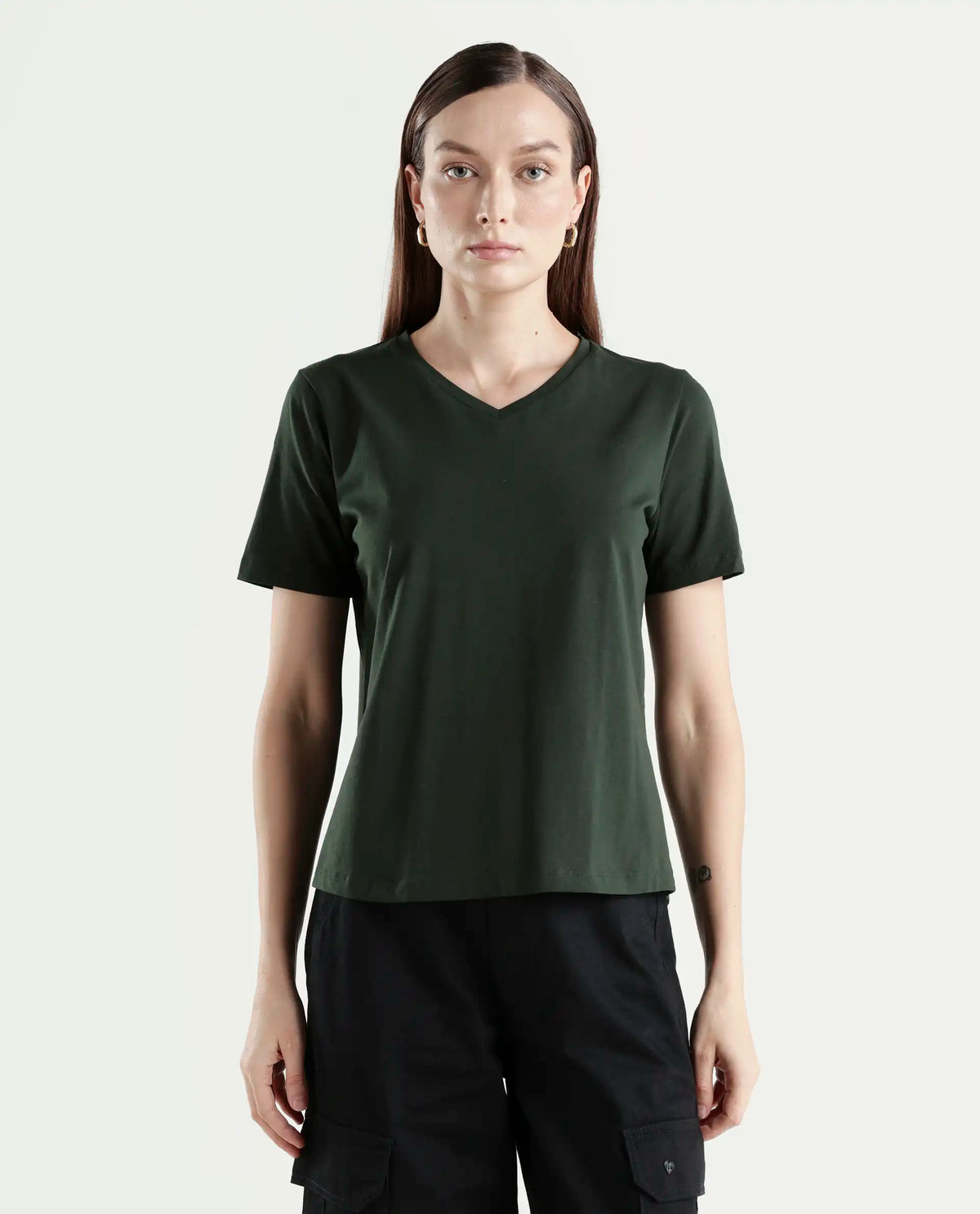 Rareism Women's Light Weight High Stretch 180 Gsm Cotton V-Neck Plain Regular Fit T-Shirt