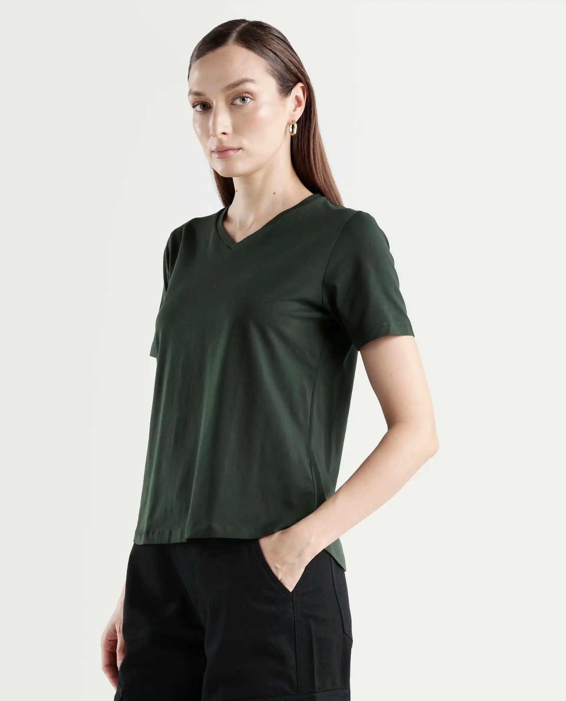 Rareism Women's Light Weight High Stretch 180 Gsm Cotton V-Neck Plain Regular Fit T-Shirt