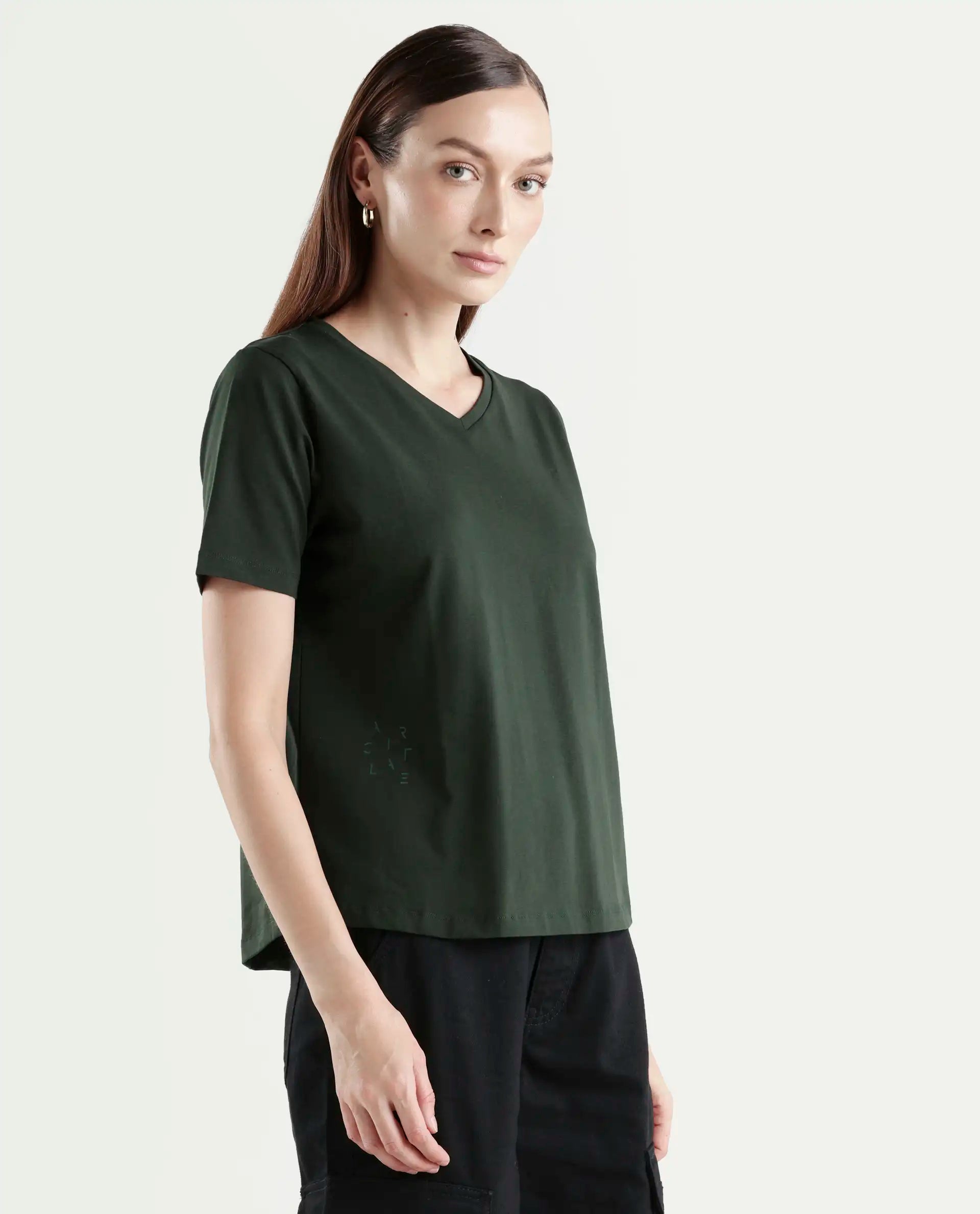 Rareism Women's Light Weight High Stretch 180 Gsm Cotton V-Neck Plain Regular Fit T-Shirt