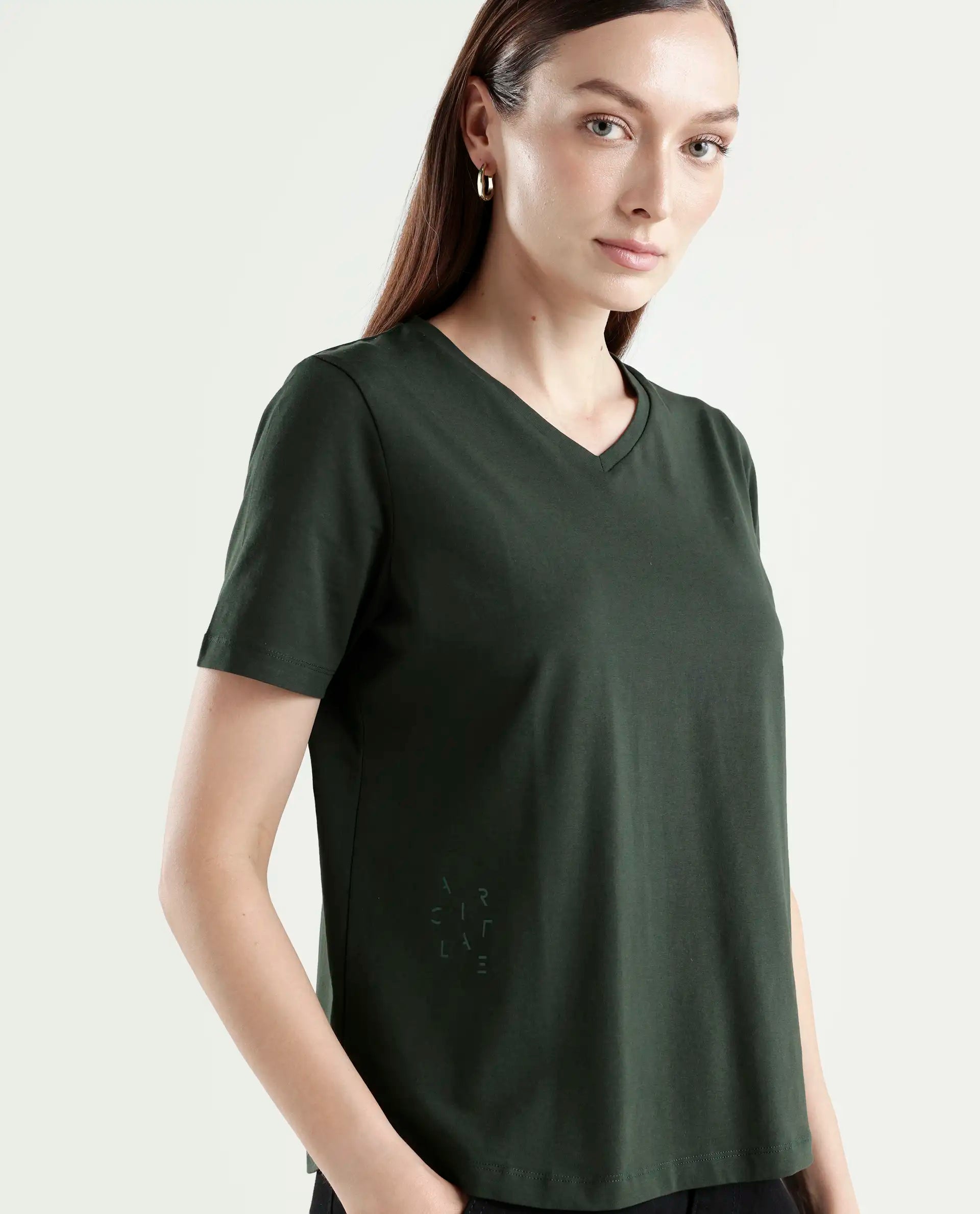 Rareism Women's Light Weight High Stretch 180 Gsm Cotton V-Neck Plain Regular Fit T-Shirt