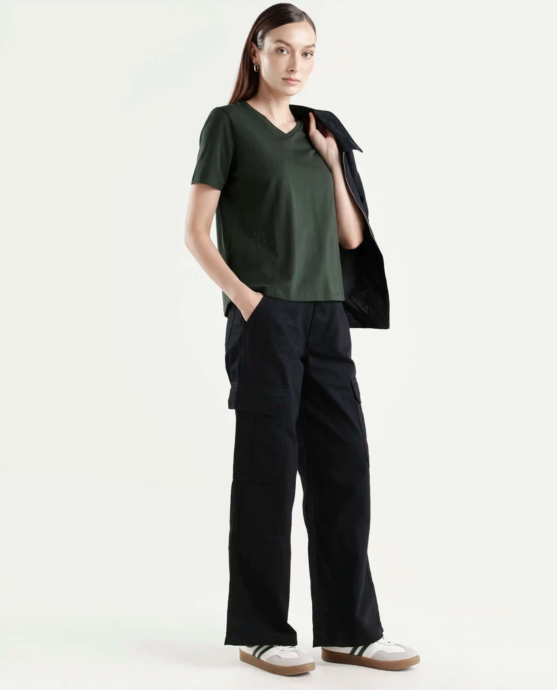 Rareism Women's Light Weight High Stretch 180 Gsm Cotton V-Neck Plain Regular Fit T-Shirt
