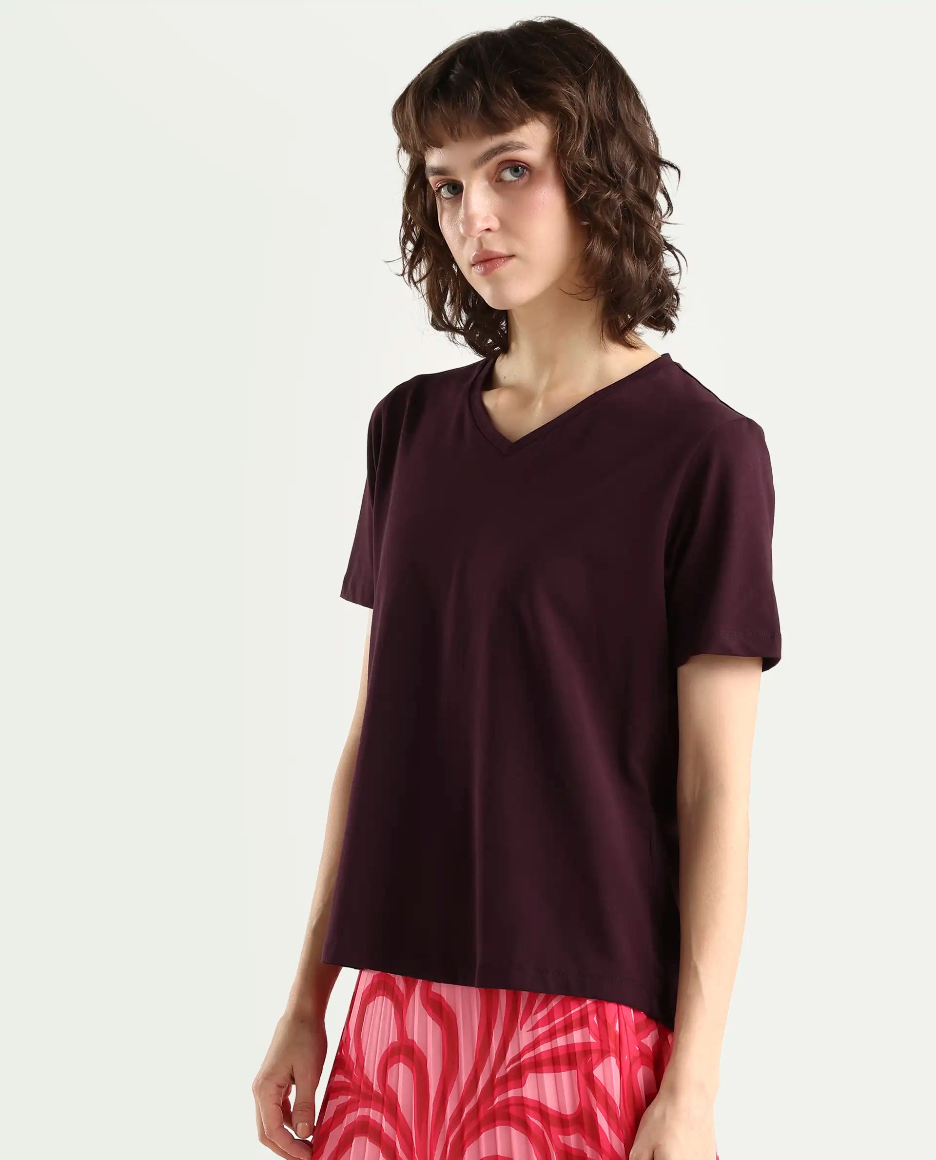 Rareism Women's Light Weight High Stretch 180 Gsm Cotton V-Neck Plain Regular Fit T-Shirt