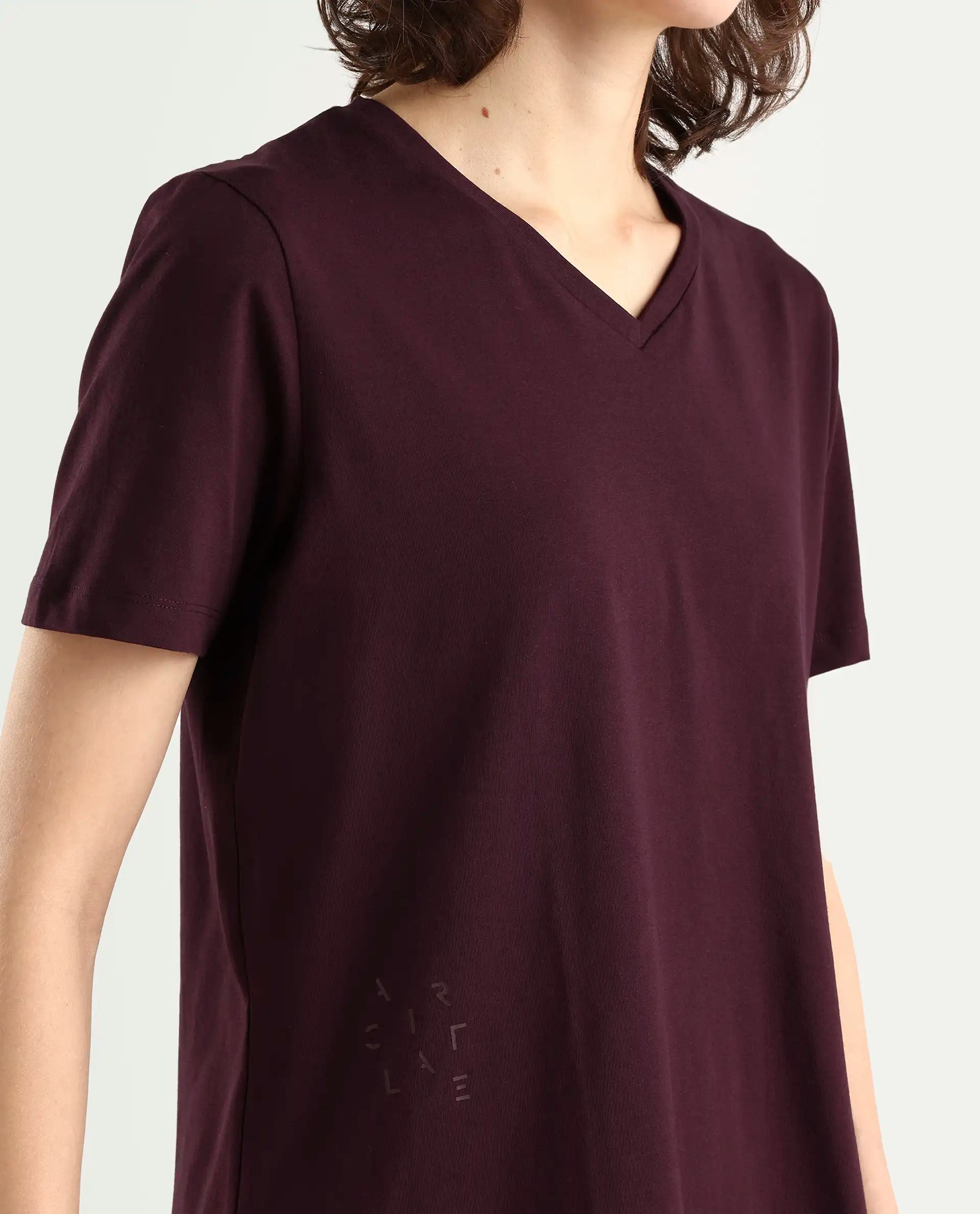 Rareism Women's Light Weight High Stretch 180 Gsm Cotton V-Neck Plain Regular Fit T-Shirt