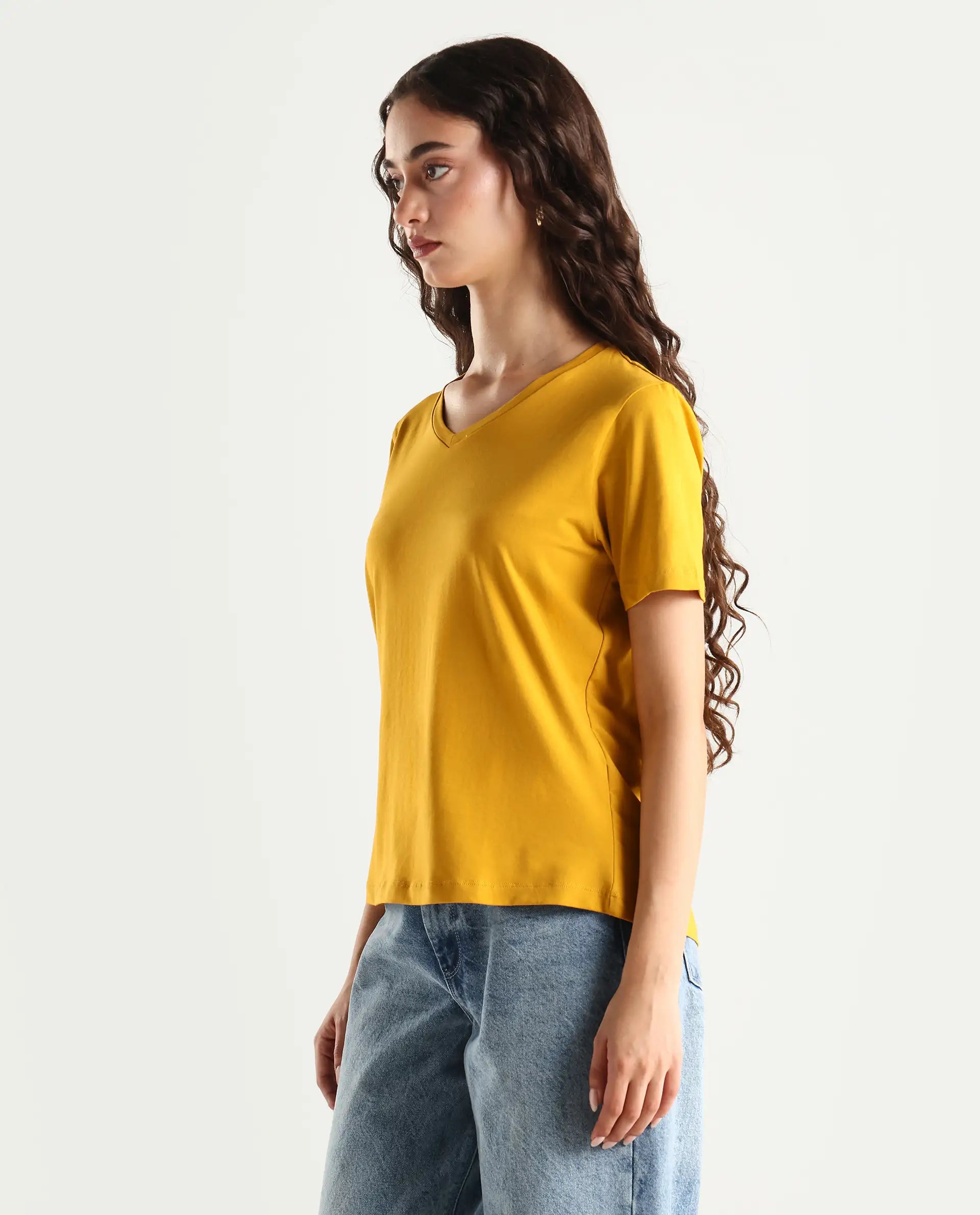 Rareism Women's Light Weight High Stretch 180 Gsm Cotton V-Neck Plain Regular Fit T-Shirt