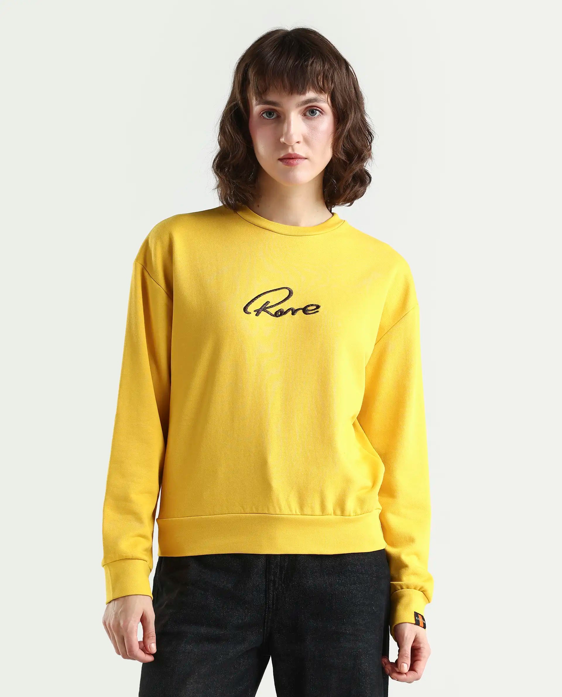 Rareism Women's Patricia Yellow Cotton Crew Neck Embroidered Relaxed Fit Sweatshirt