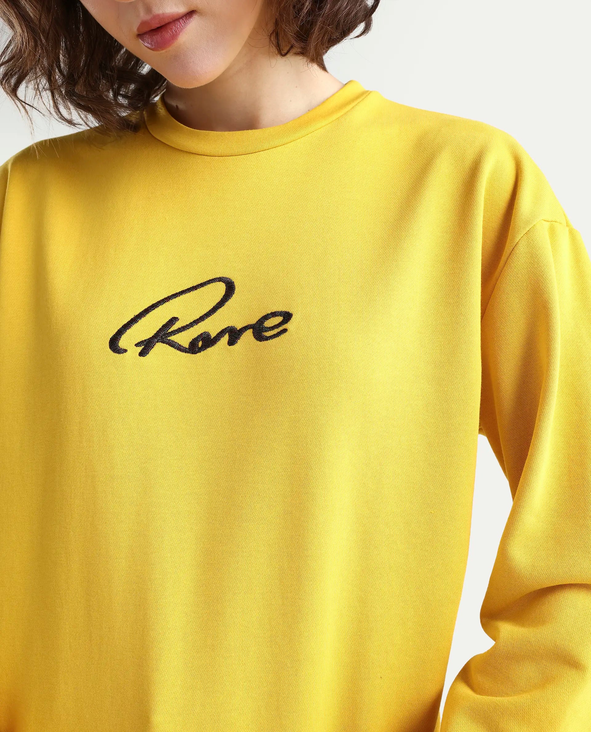 Rareism Women's Patricia Yellow Cotton Crew Neck Embroidered Relaxed Fit Sweatshirt