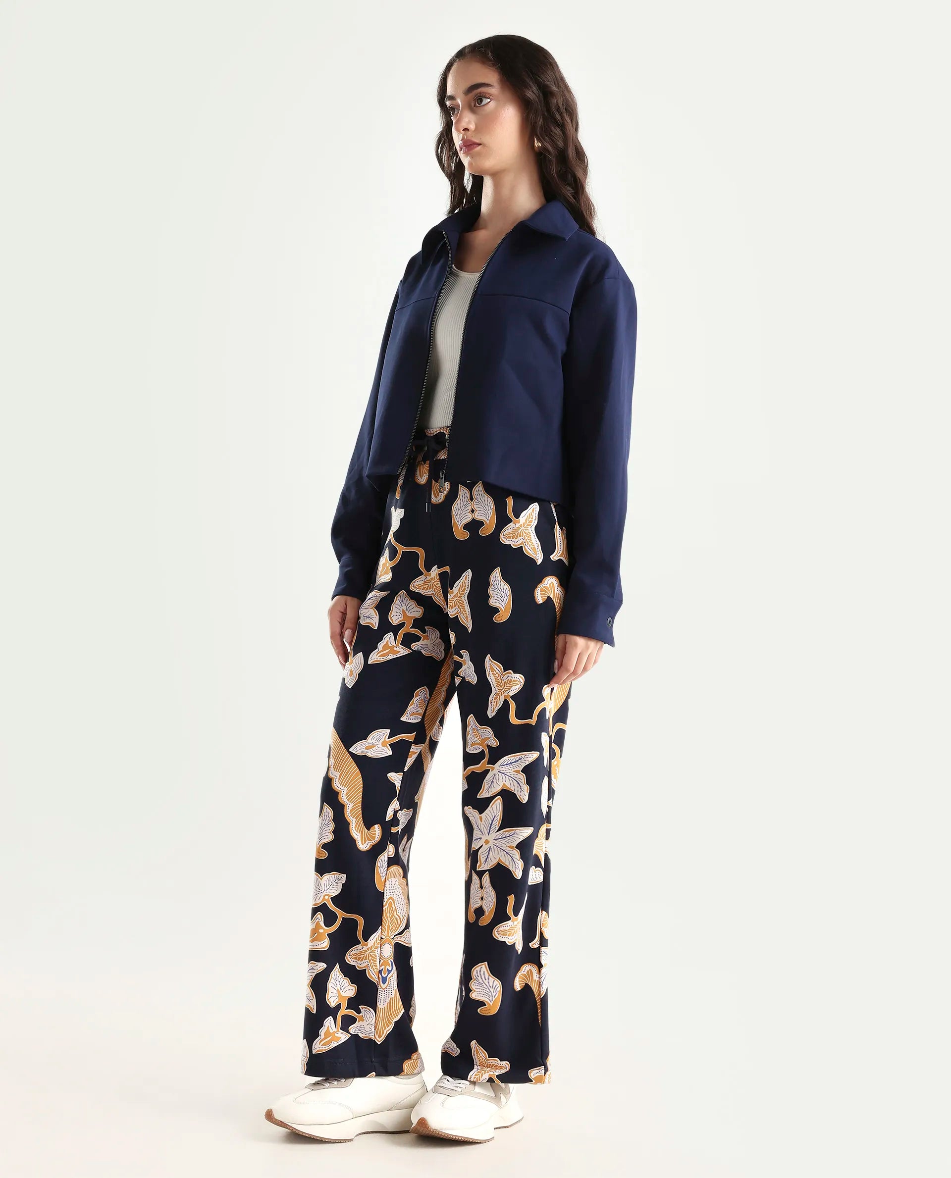 Rareism Women's Bogota Navy Cotton Abstract Print Ankle Length Relaxed Fit Track Pant