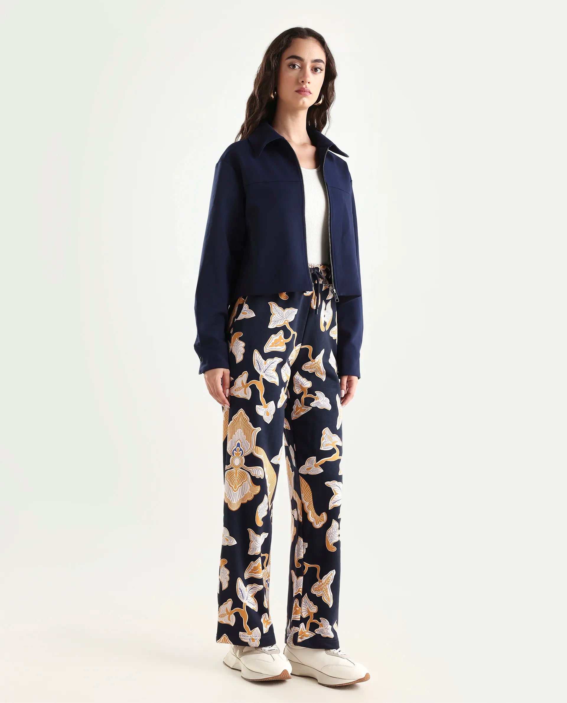 Rareism Women's Bogota Navy Cotton Abstract Print Ankle Length Relaxed Fit Track Pant