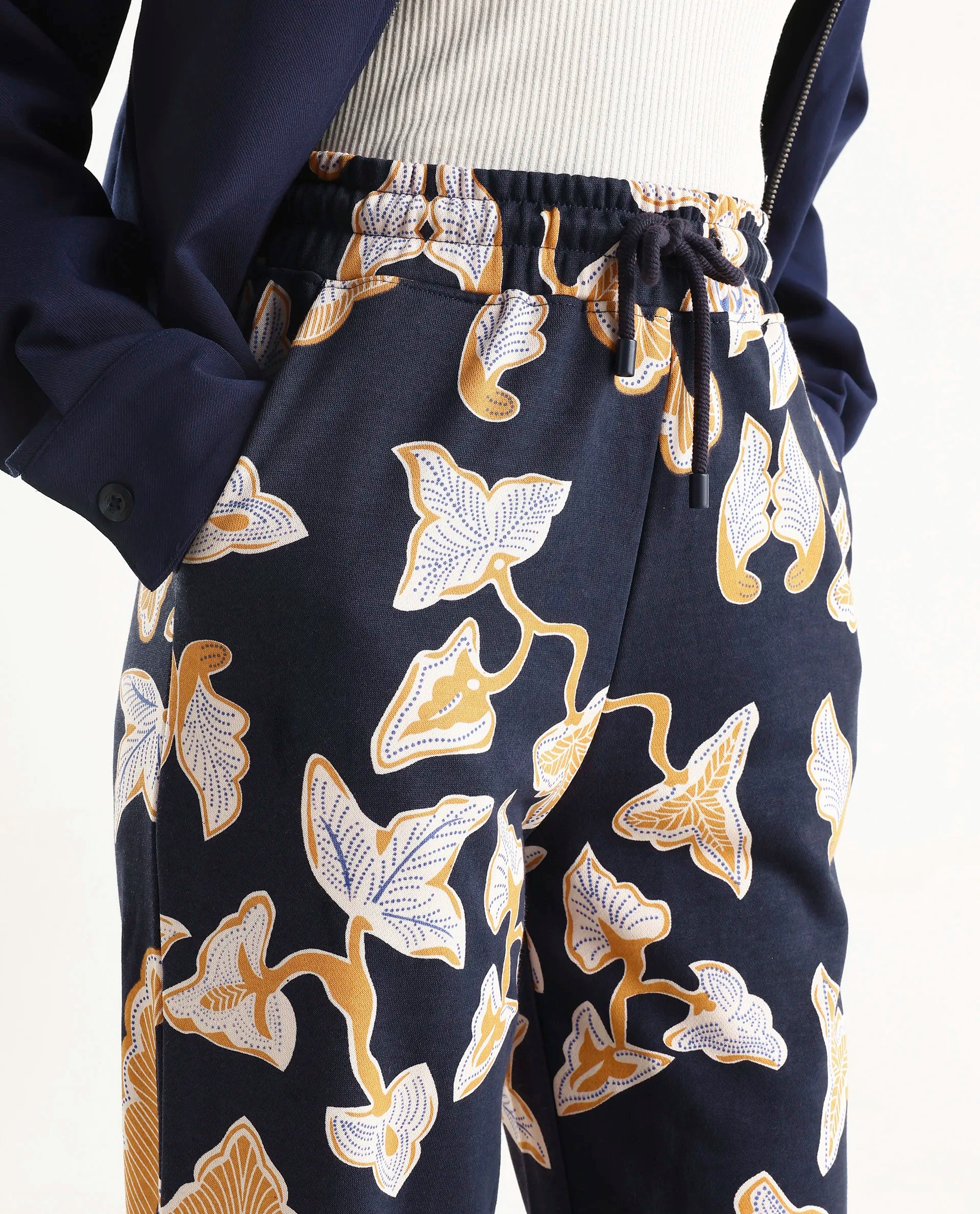 Rareism Women's Bogota Navy Cotton Abstract Print Ankle Length Relaxed Fit Track Pant