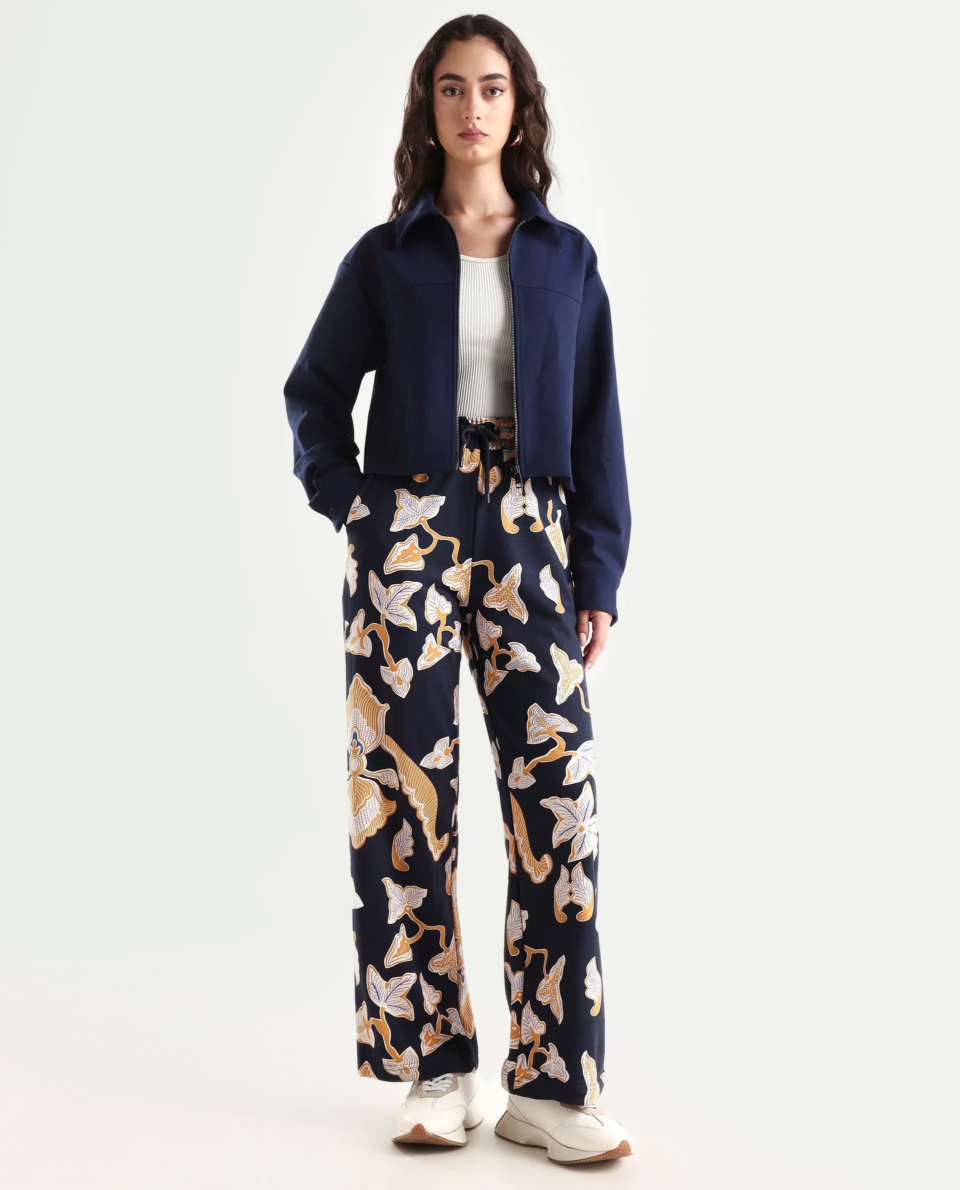 Rareism Women's Bogota Navy Cotton Abstract Print Ankle Length Relaxed Fit Track Pant