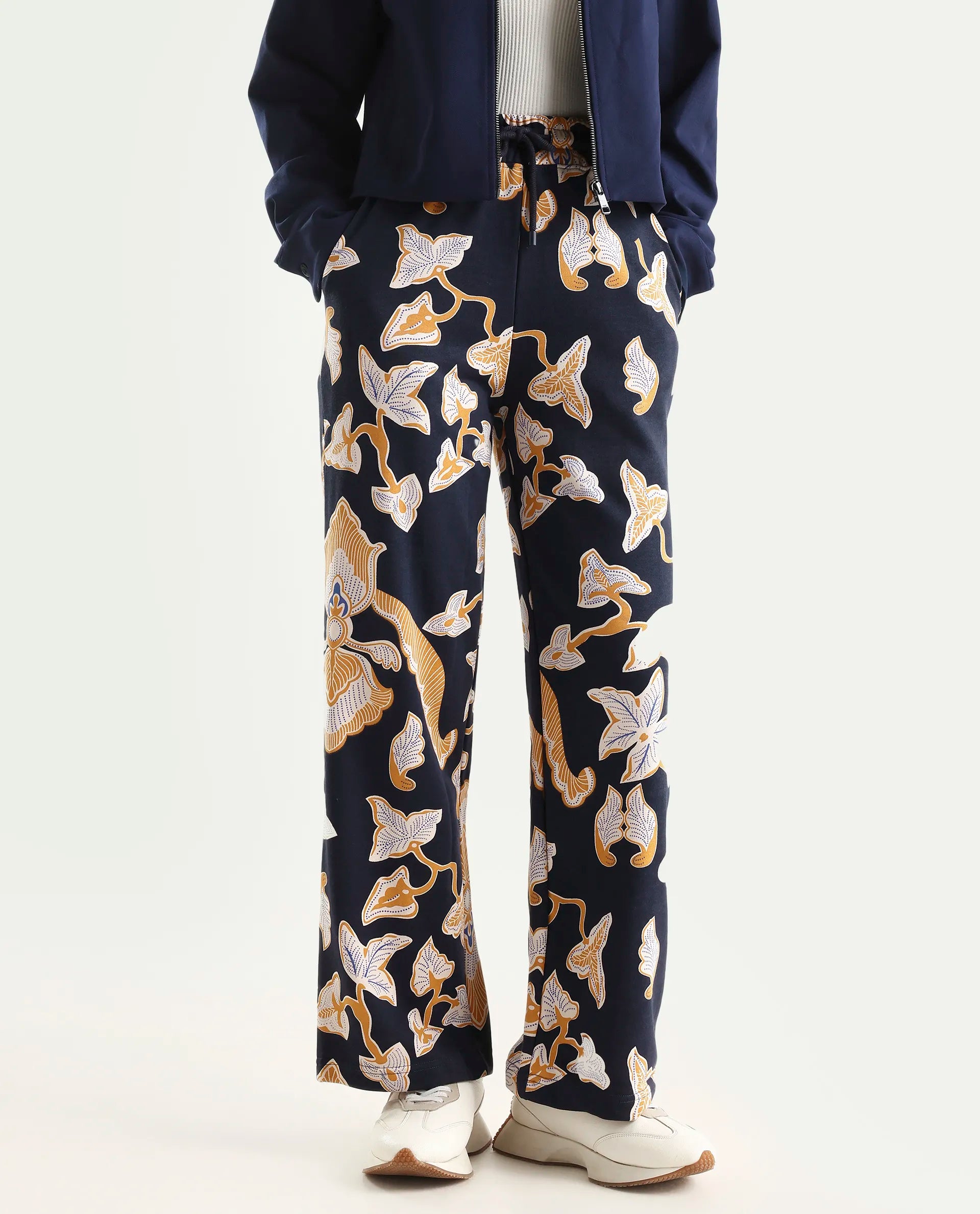 Rareism Women's Bogota Navy Cotton Abstract Print Ankle Length Relaxed Fit Track Pant