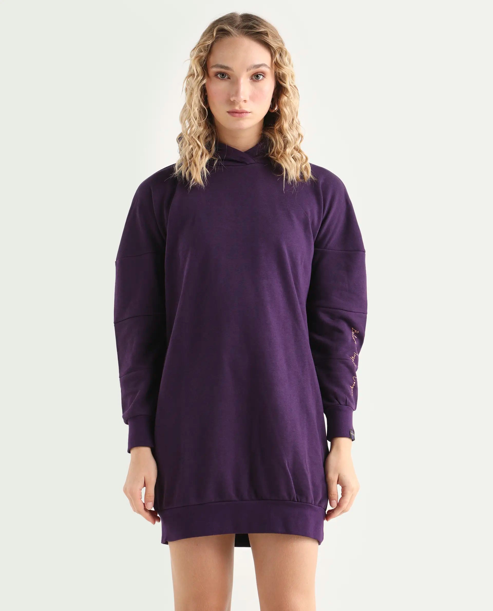 Rareism Women's Owes Purple Cotton Hooded Plain Knee Length Regular Fit Sweatshirt
