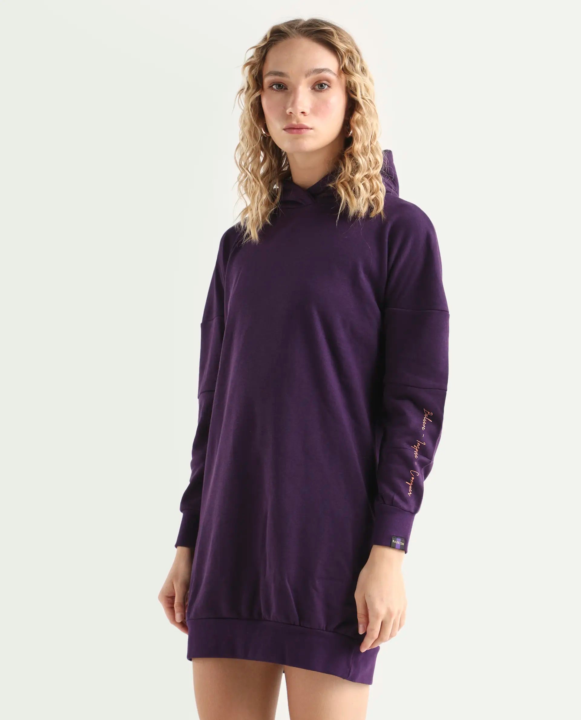 Rareism Women's Owes Purple Cotton Hooded Plain Knee Length Regular Fit Sweatshirt