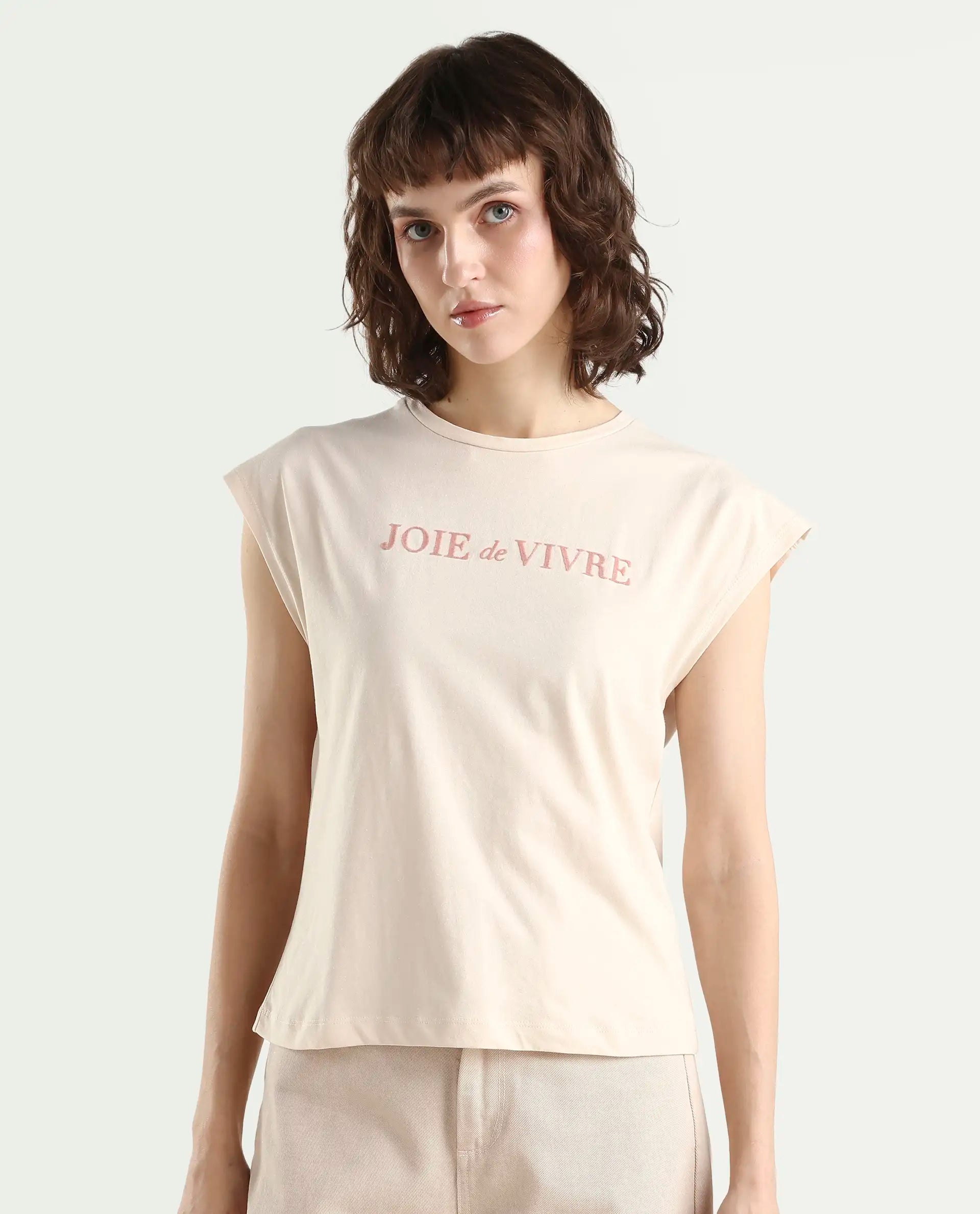 Rareism Women's Pariot Beige Cotton Crew Neck Printed Regular Fit T-Shirt