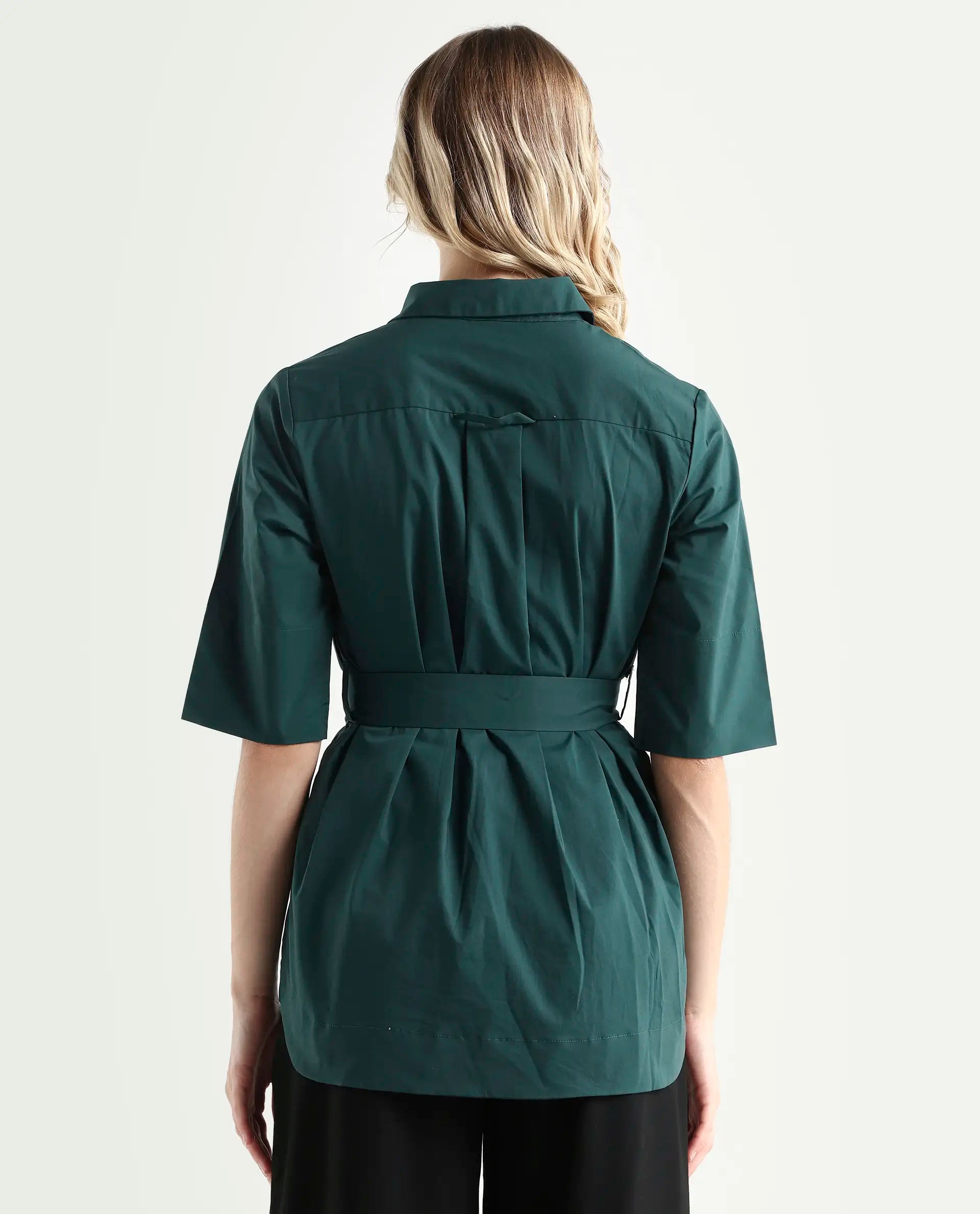 Rareism Women's Cisco-Green Cotton Blend Spread Collar Plain Knee Length Regular Fit Top