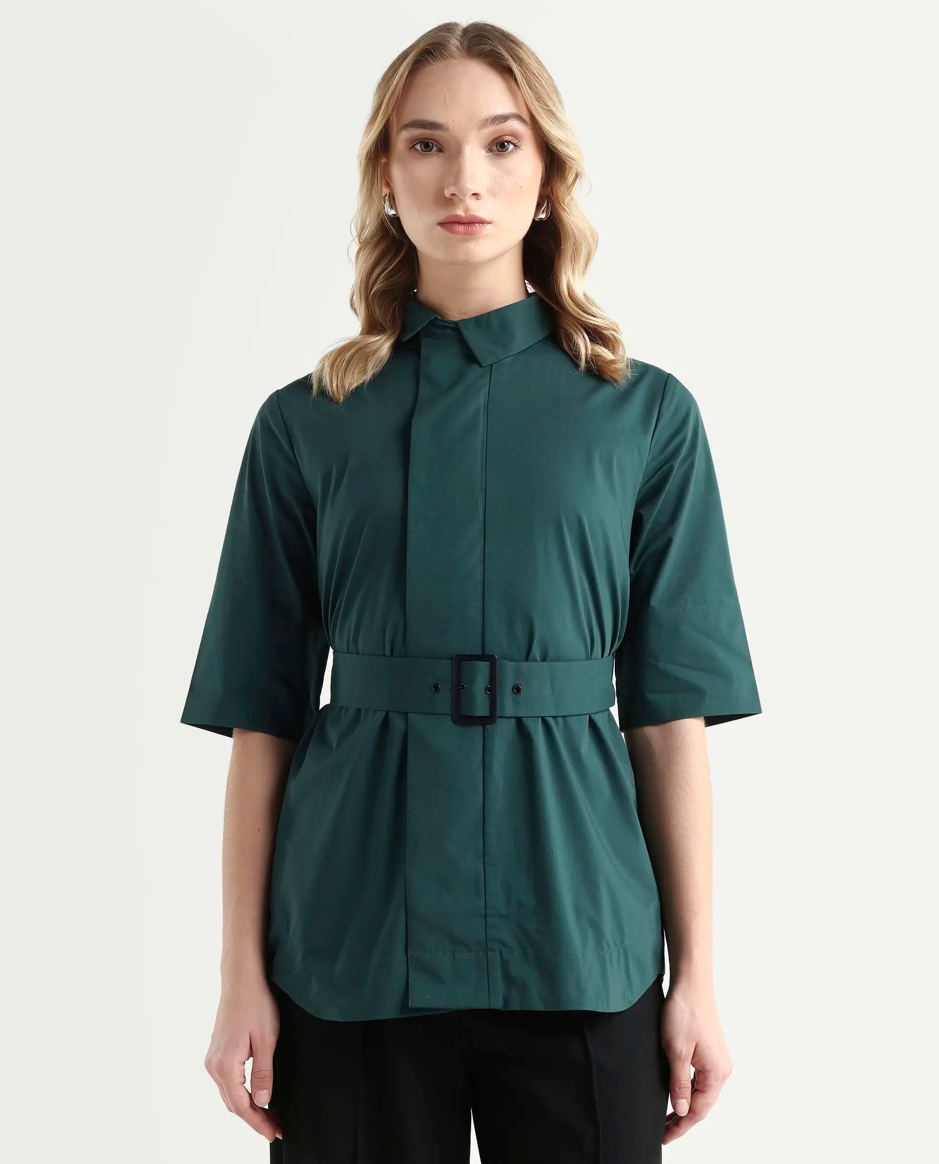 Rareism Women's Cisco-Green Cotton Blend Spread Collar Plain Knee Length Regular Fit Top