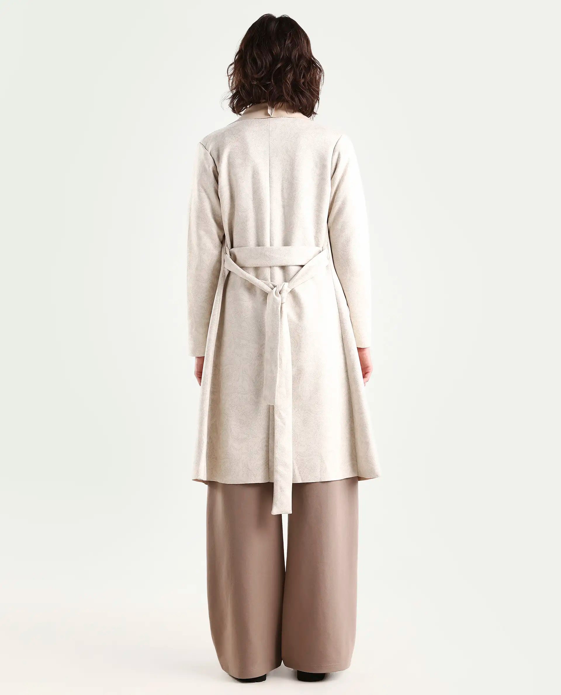 Rareism Women's Palmer Beige Polyester Collarless Plain Knee Length Relaxed Fit Jacket