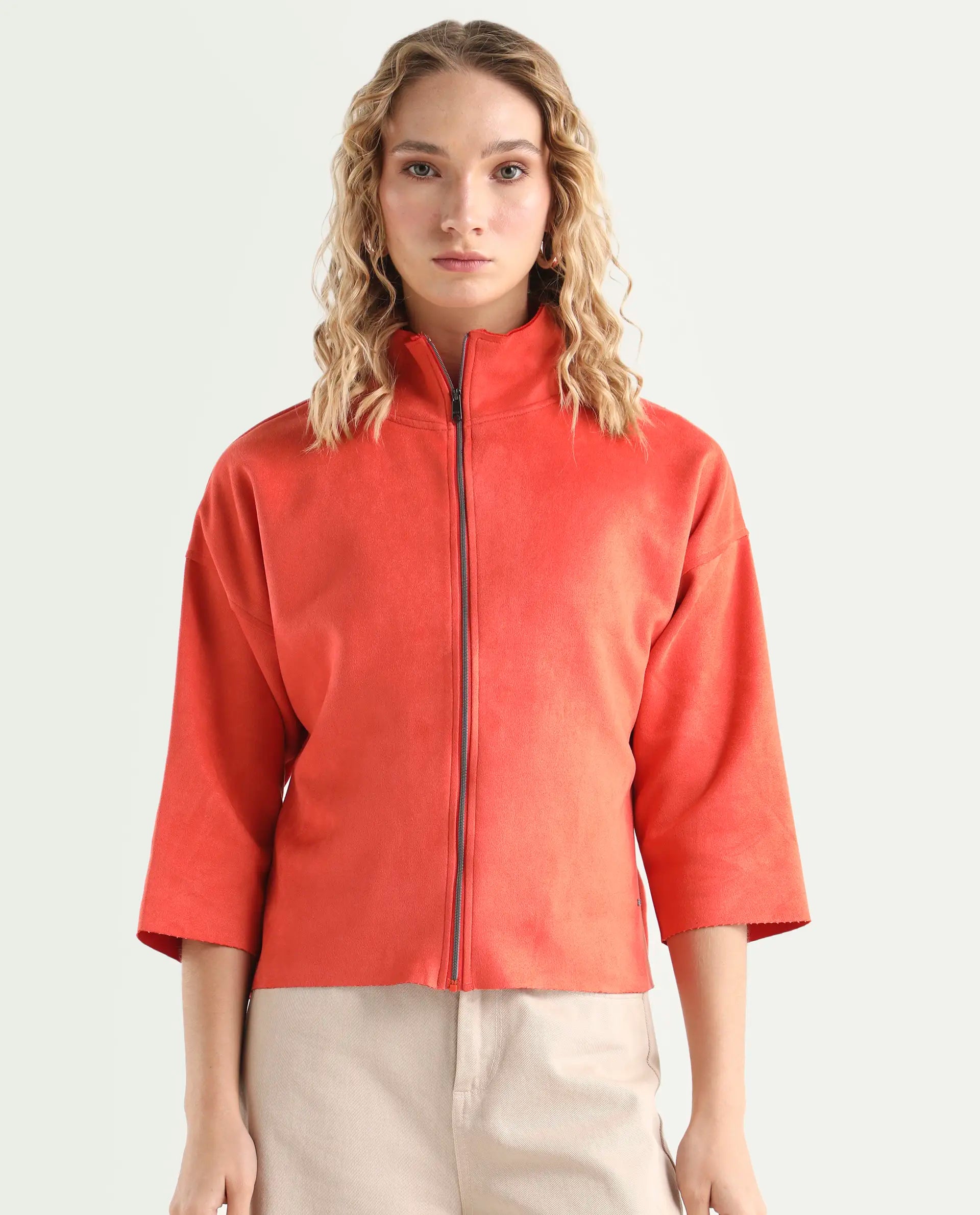 Rareism Women's Vasu Orange Polyester High Neck Plain Regular Fit Jacket