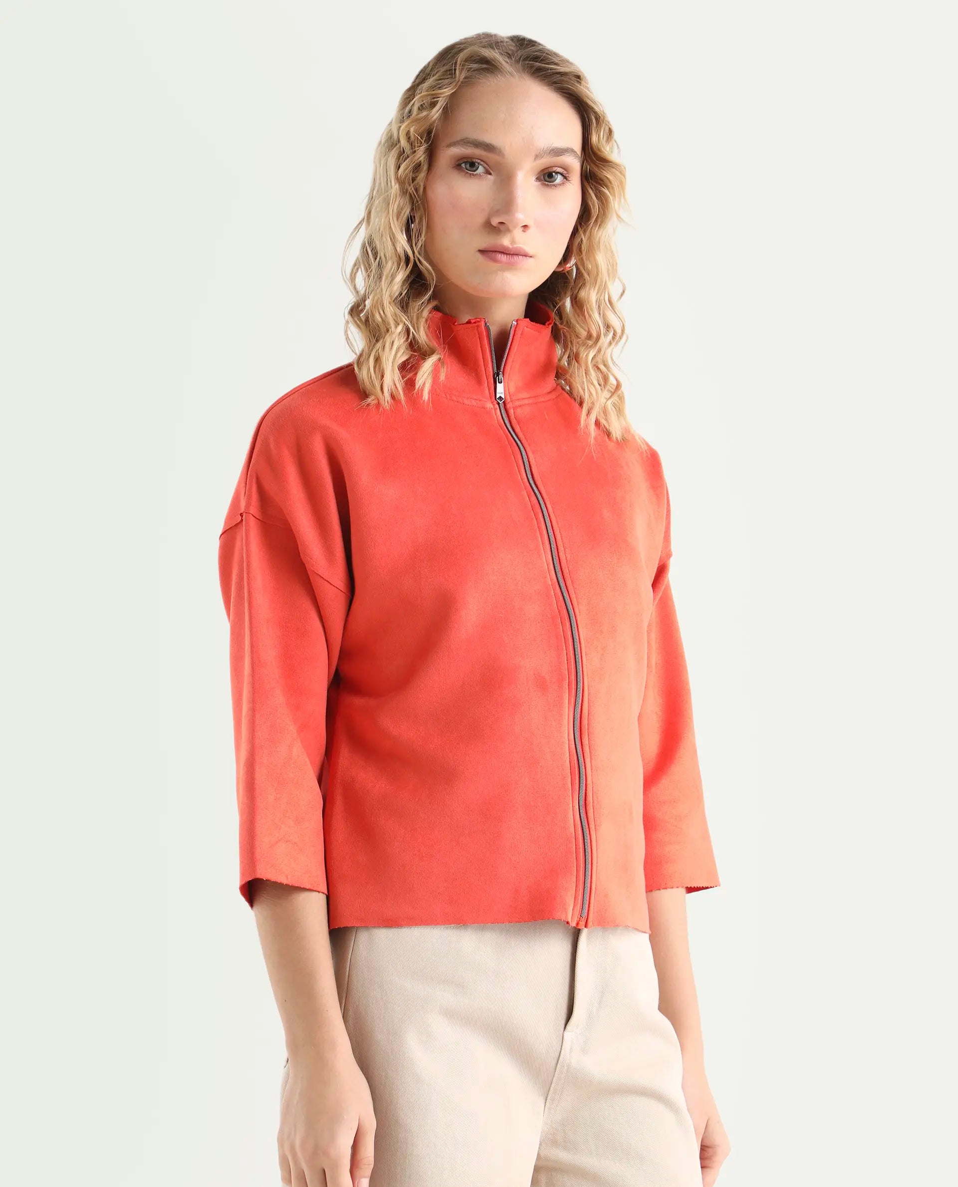 Rareism Women's Vasu Orange Polyester High Neck Plain Regular Fit Jacket