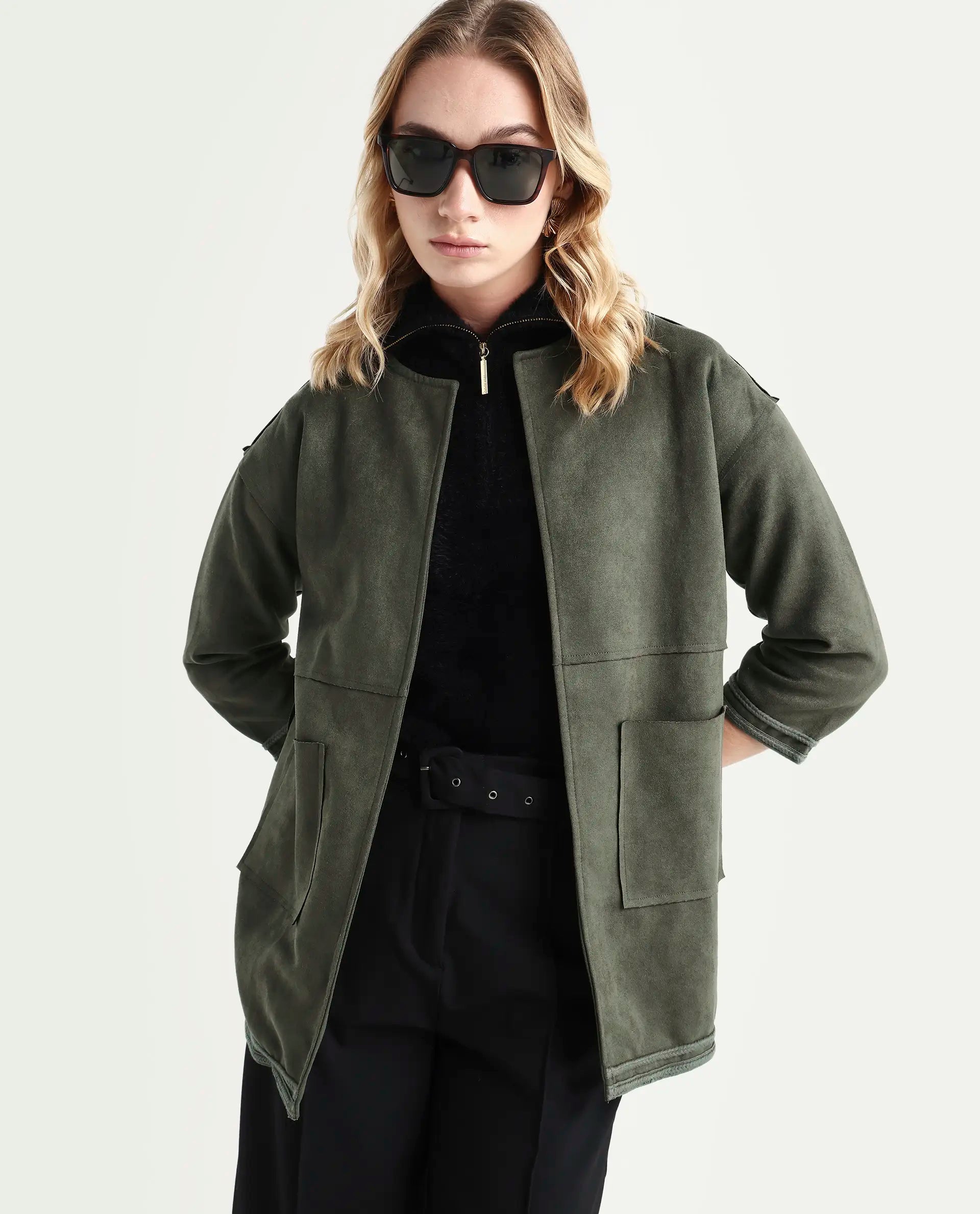 Rareism Women's Square Olive Polyester Boat Neck Plain Regular Fit Jacket