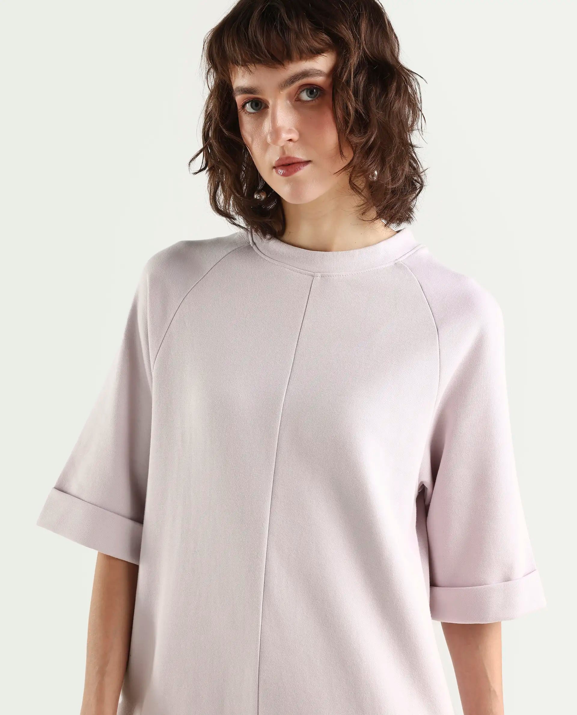 Rareism Women's Inari Purple High Neck Plain Knee Length Regular Fit Dress