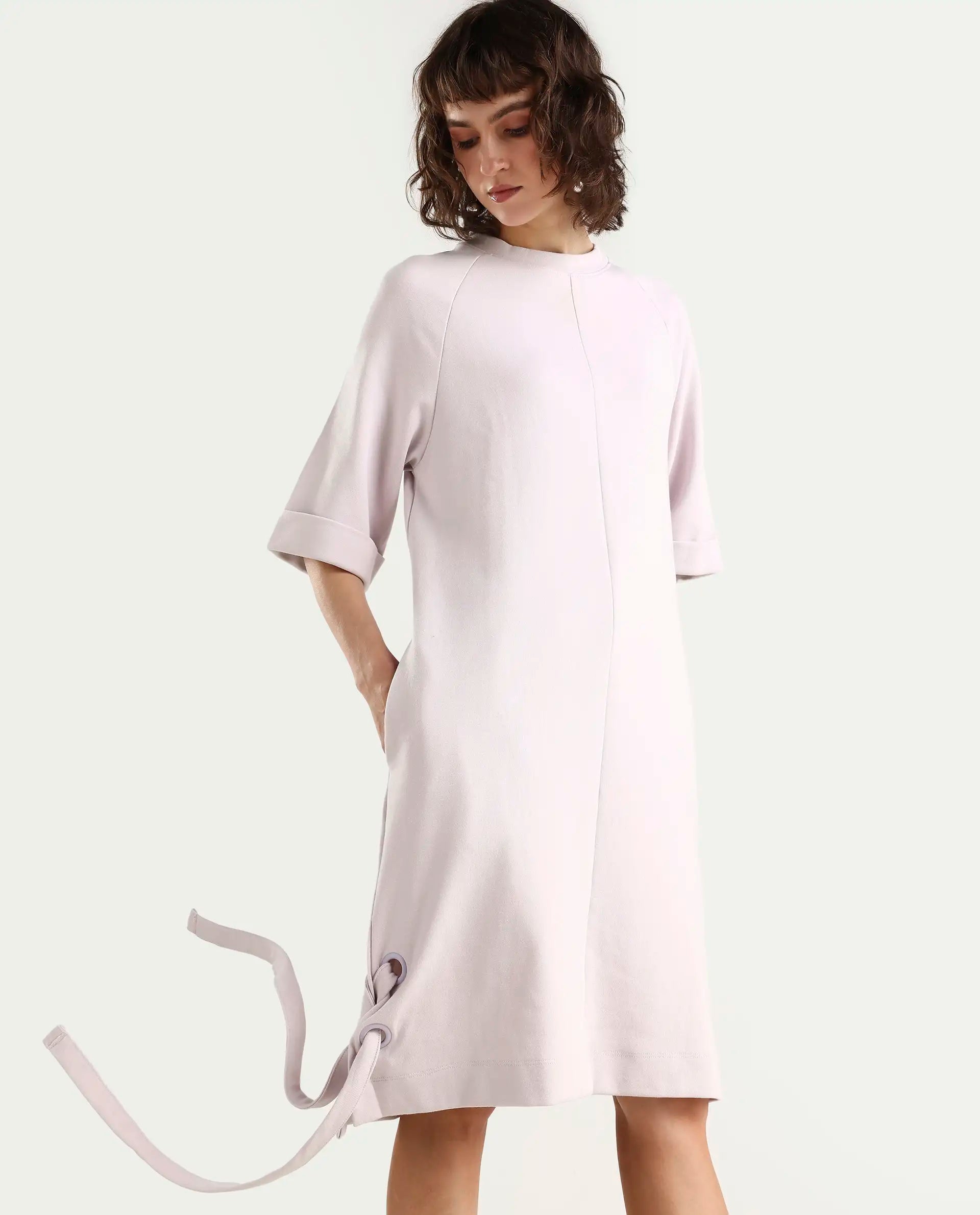 Rareism Women's Inari Purple High Neck Plain Knee Length Regular Fit Dress