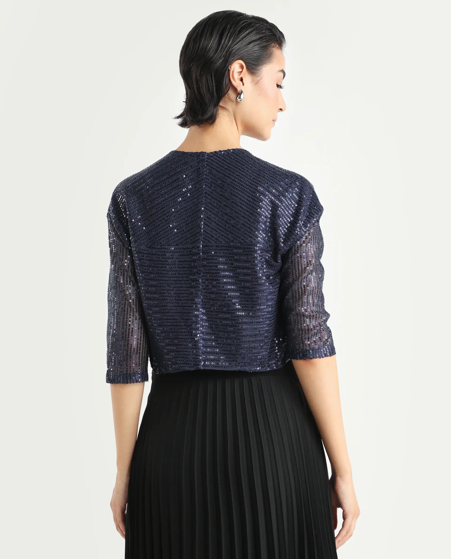 Rareism Women's Agog Blue Nylon Collarless Sequined Knee Length Regular Fit Shrug