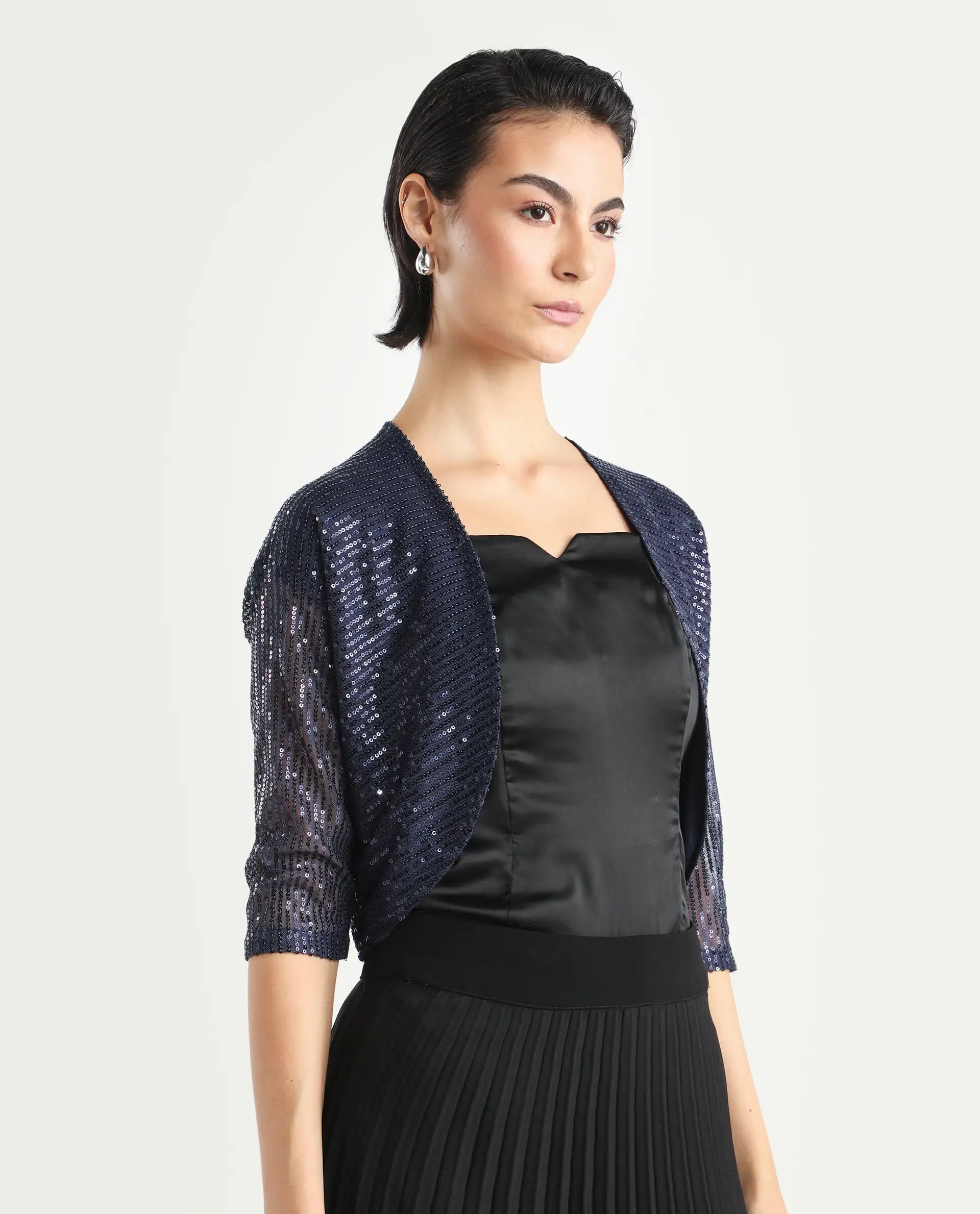 Rareism Women's Agog Blue Nylon Collarless Sequined Knee Length Regular Fit Shrug