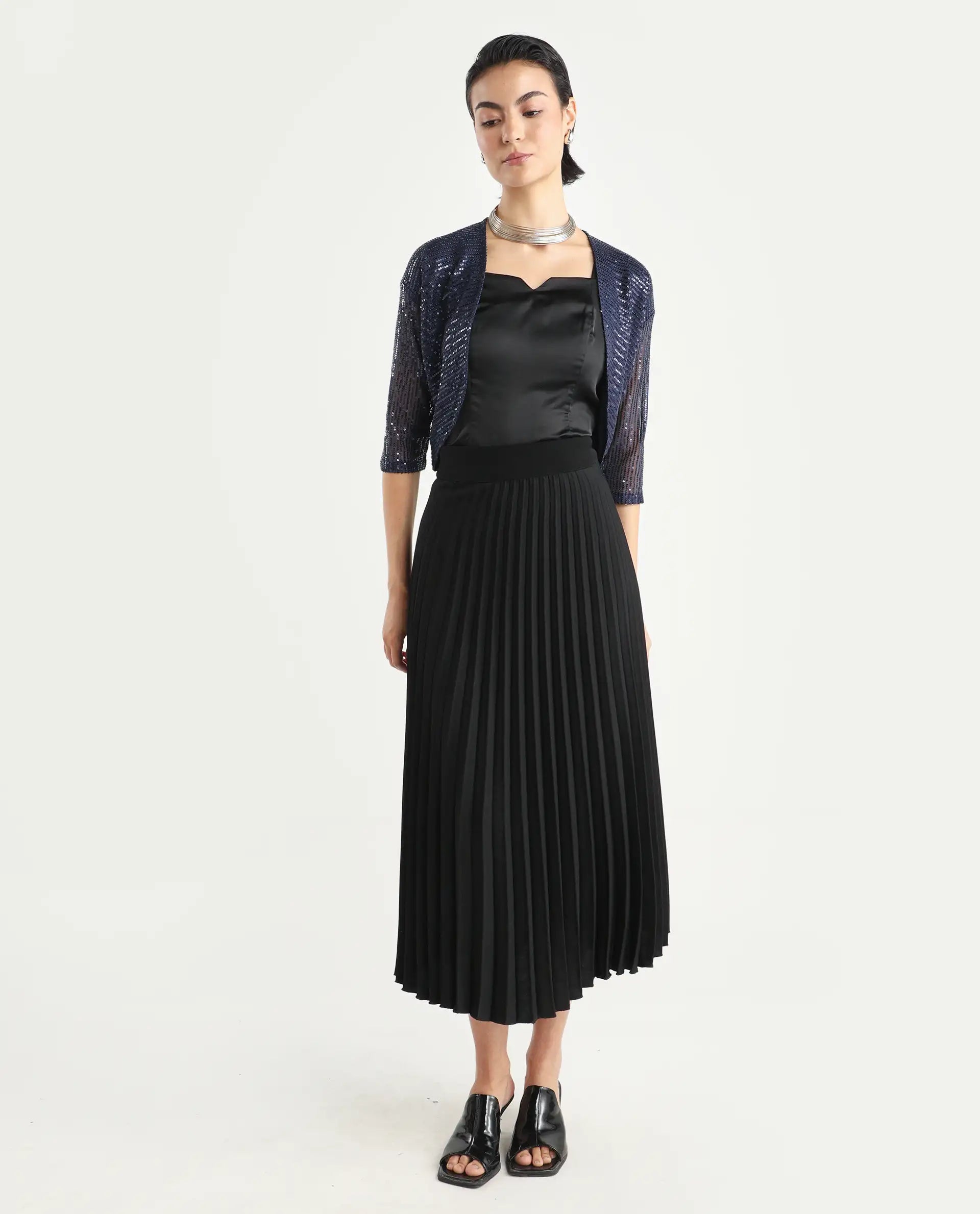 Rareism Women's Agog Blue Nylon Collarless Sequined Knee Length Regular Fit Shrug