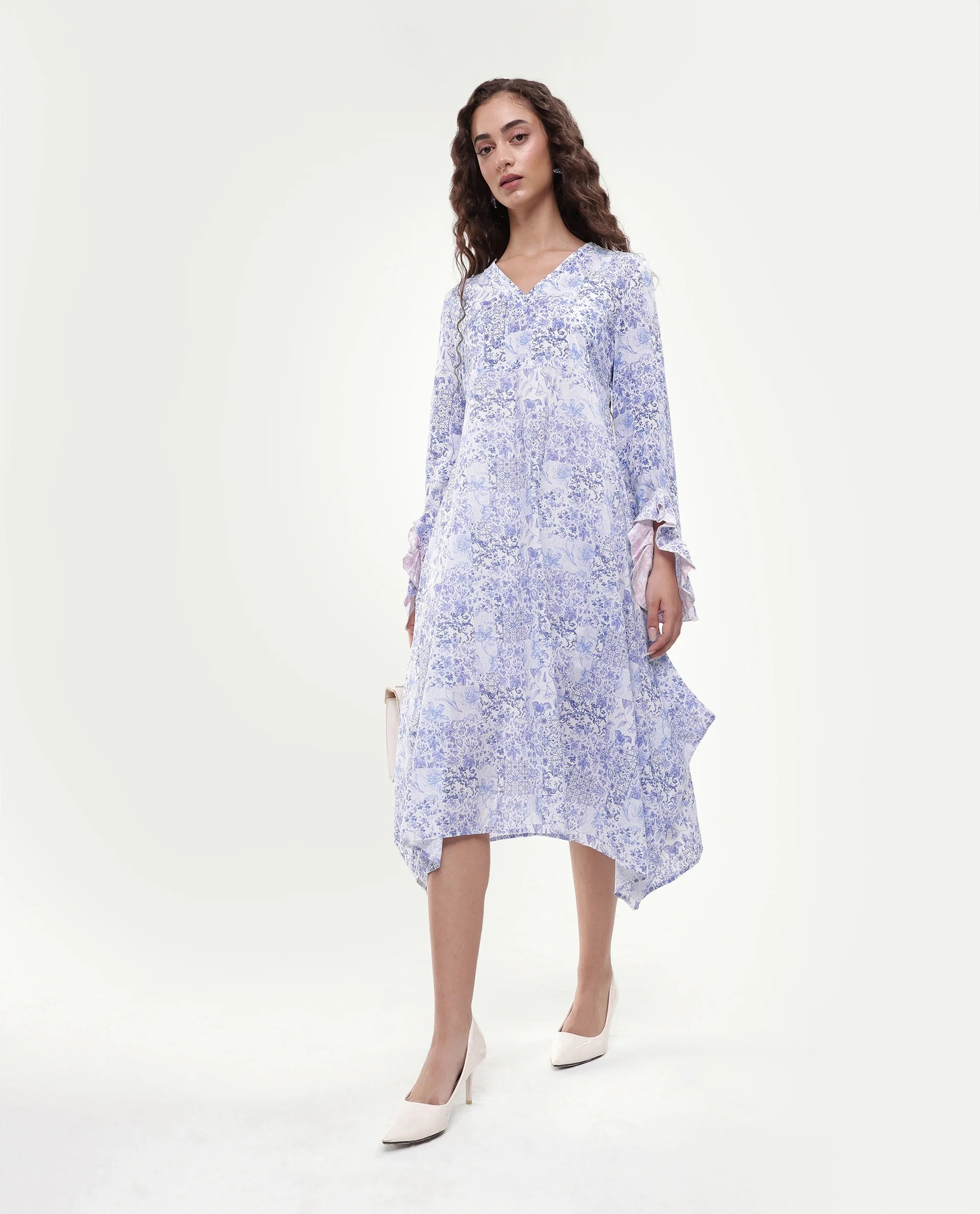 Rareism Women's Cherish Blue Cotton V-Neck Floral Print Knee Length Regular Fit Dress